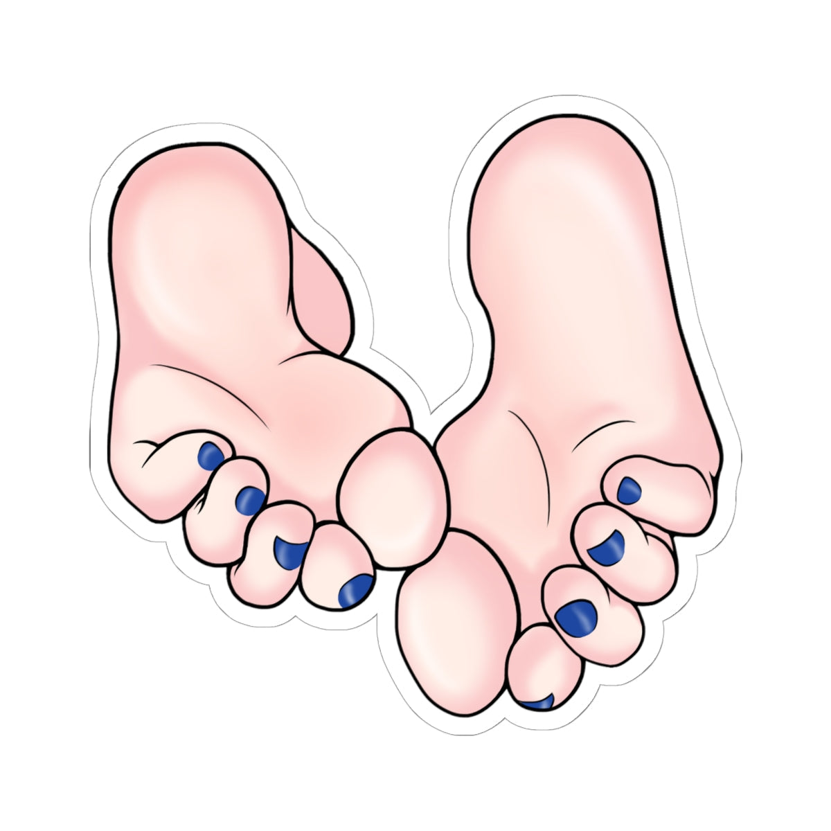 Close-up view of cute anime girl soles facing forward, soft pink feet with detailed wrinkles and arches, painted glossy blue toenails on perfectly shaped toes, playful foot fetish pose.