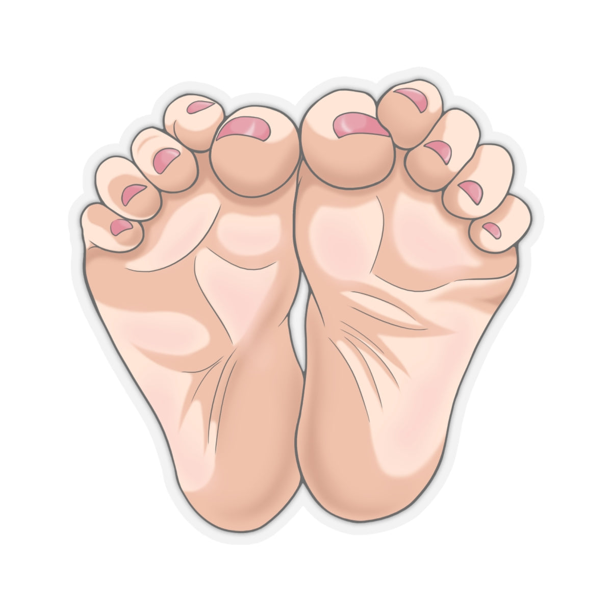 Close-up of cute anime girl feet soles facing forward, soft tan skin with detailed wrinkles and high arches, perfectly rounded toes painted glossy pink toenails in a teasing foot fetish pose.