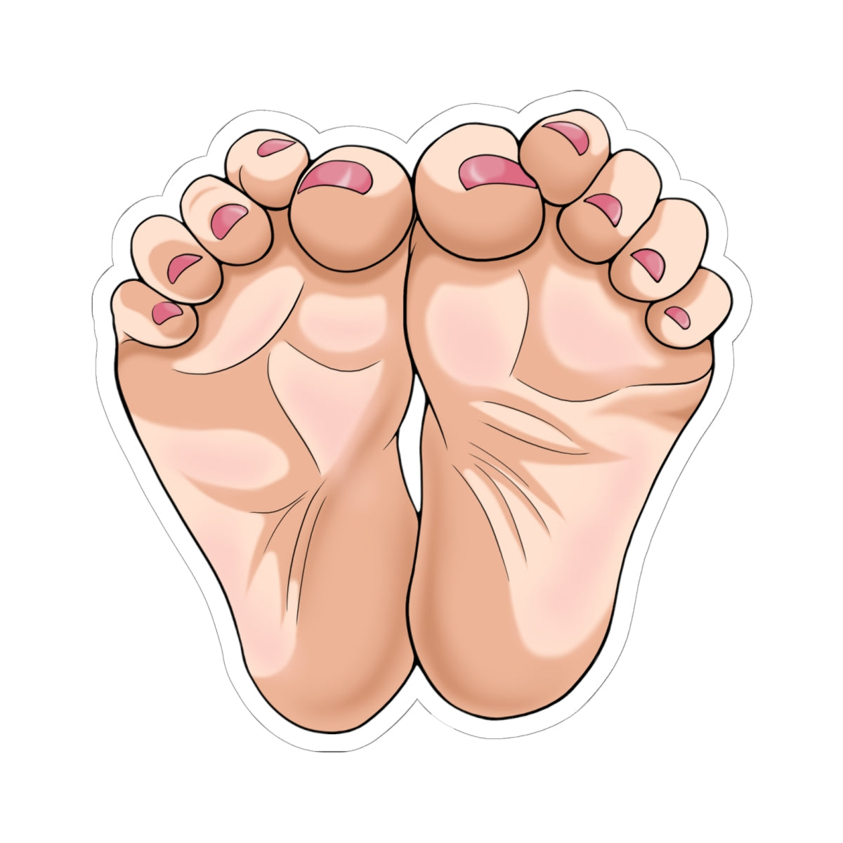 Close-up of cute anime girl feet soles facing forward, soft tan skin with detailed wrinkles and high arches, perfectly rounded toes painted glossy pink toenails in a teasing foot fetish pose.