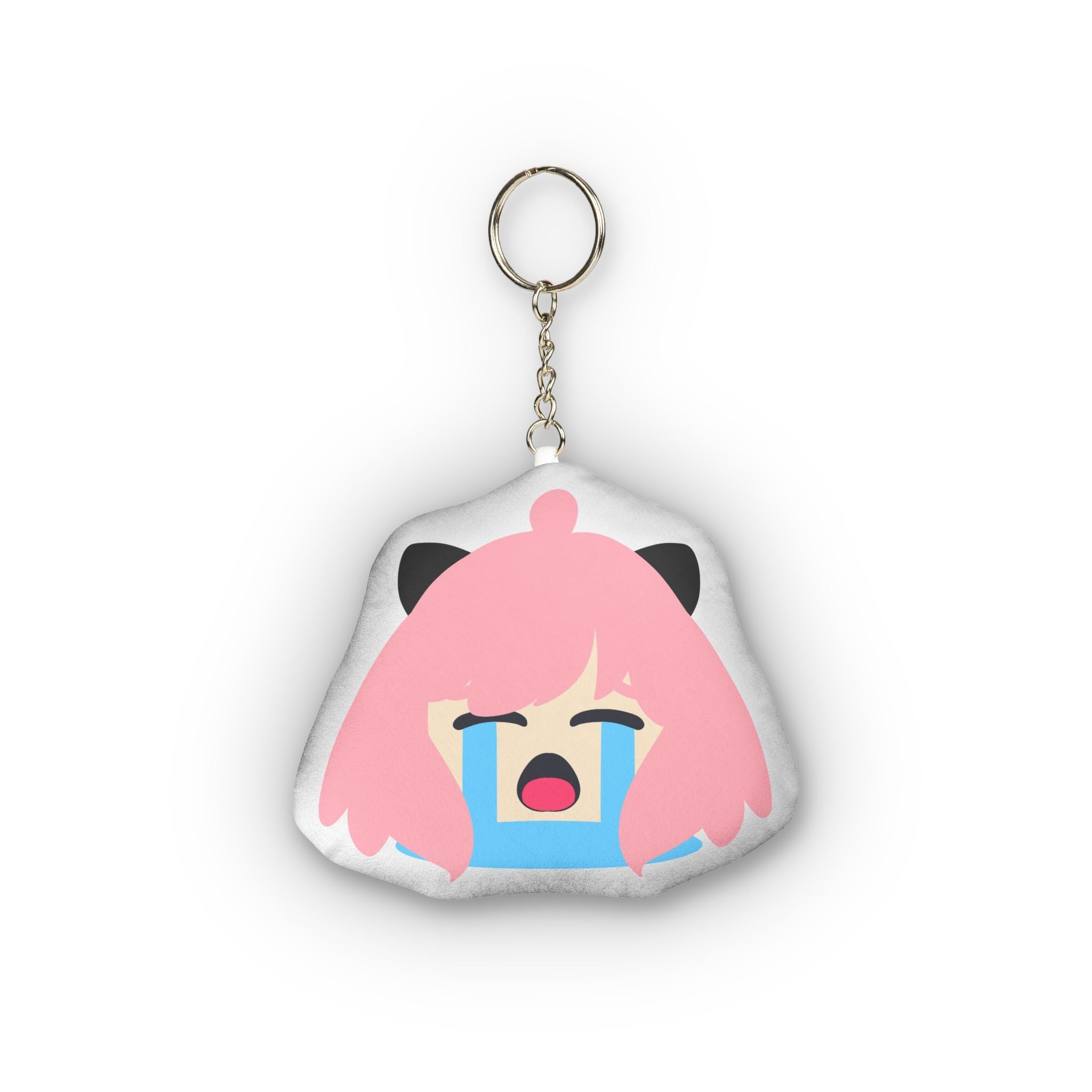 Adorable hentai-style plush keychain of Anya Forger with pink hair, distressed crying expression, eyes squeezed shut and huge blue tears streaming endlessly down her flushed face, wide open mouth sobbing dramatically in exaggerated emotional chibi design.