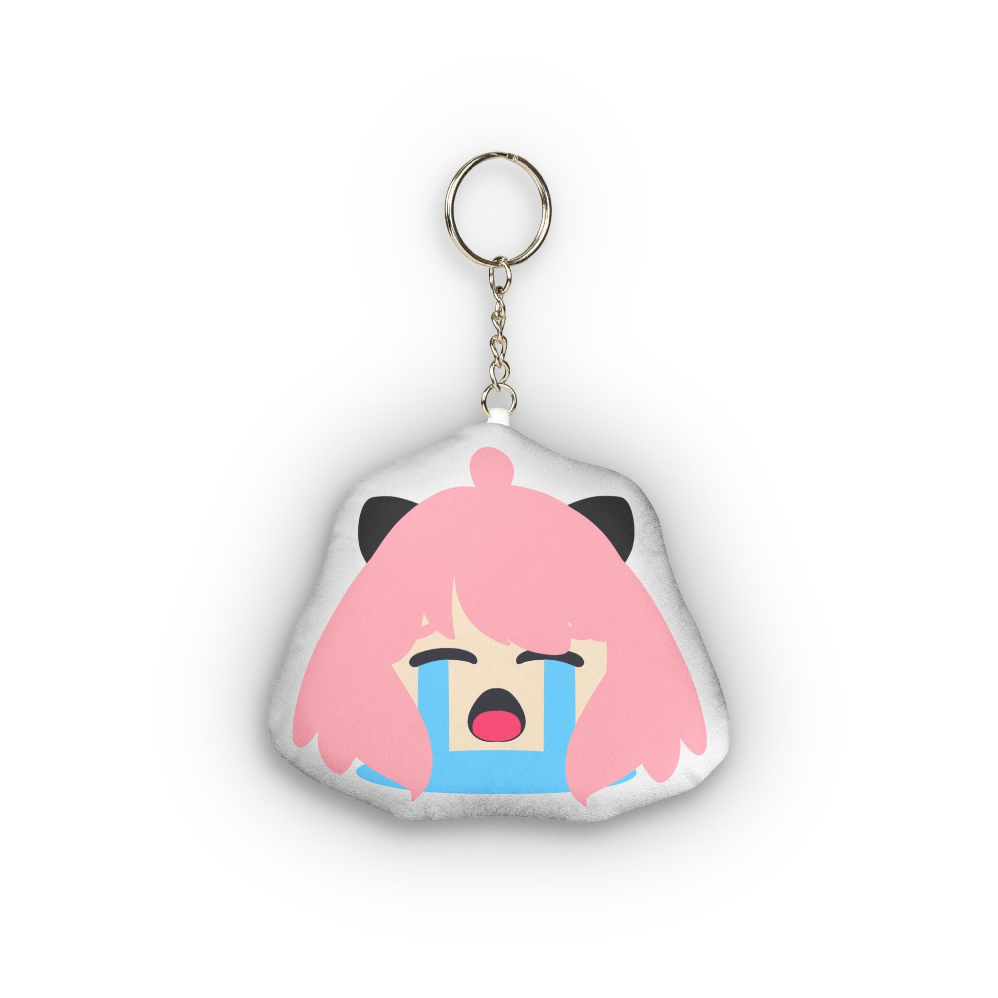 Adorable hentai-style plush keychain of Anya Forger with pink hair, distressed crying expression, eyes squeezed shut and huge blue tears streaming endlessly down her flushed face, wide open mouth sobbing dramatically in exaggerated emotional chibi design.
