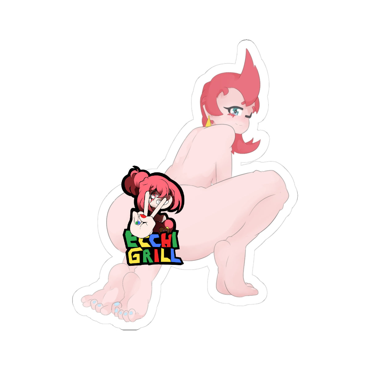 Seductive nude Team Rocket Executive Ariana with fiery red hair squatting low, massive curvaceous ass spread teasingly in a dominant anal vore pose, bare soles and painted blue toenails visible, exuding commanding and hungry allure from behind.