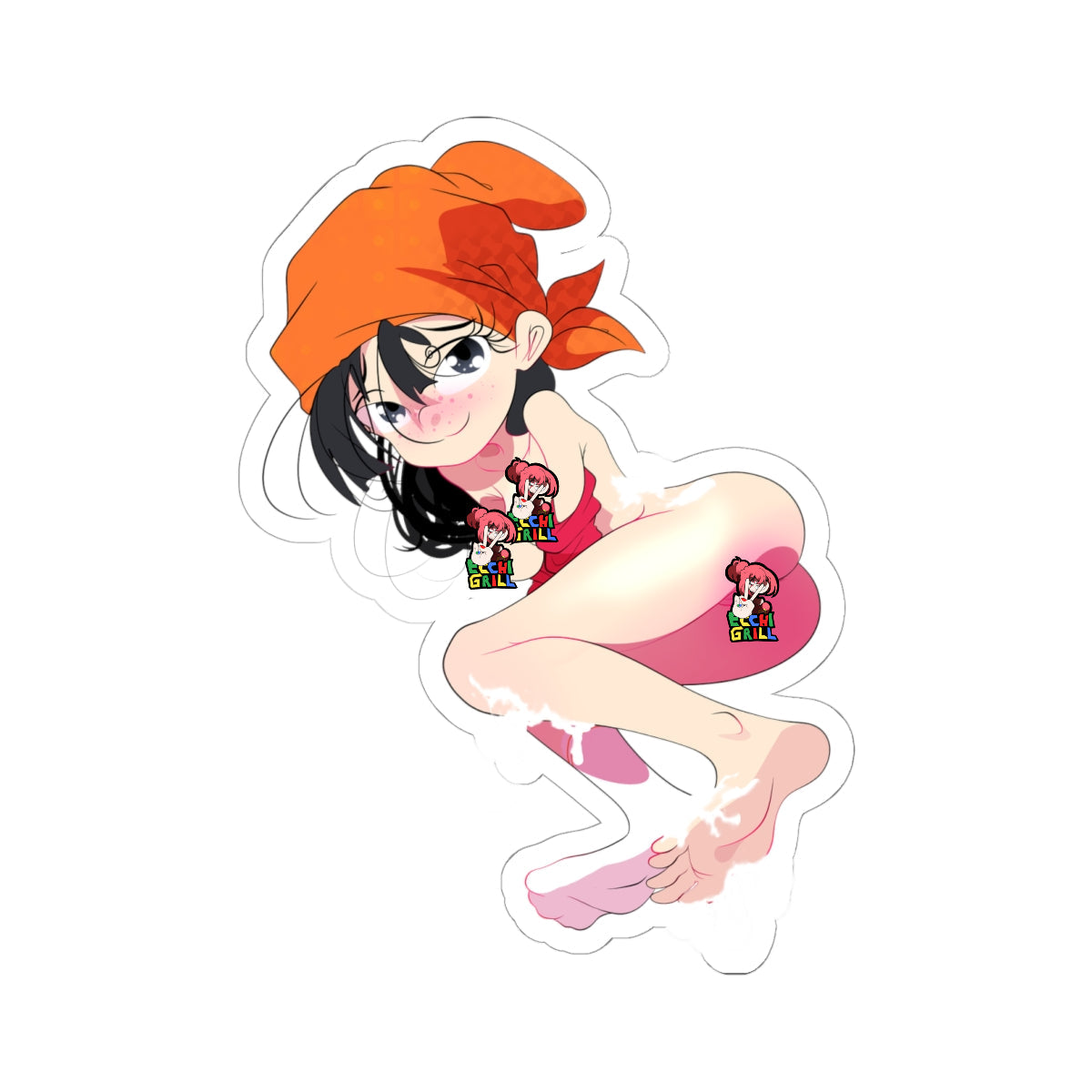 Lewd hentai sticker of anime girl with black hair under orange bandana, squatting pose with massive ass and bare feet covered in sticky white cum, red top pulled down exposing perky tits, shorts aside showing pussy, flushed playful face in explicit foot cumshot scene.