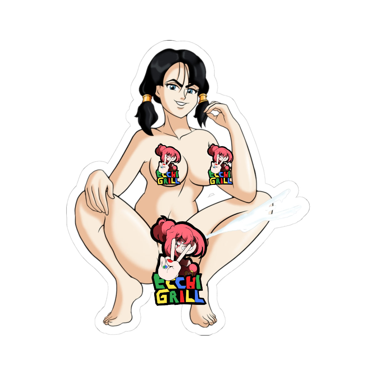 Fair-skinned anime futanari girl with long black hair in twintails tied with gold rings, squatting wide with legs spread, hand gripping thick erect cock ejaculating powerful streams of white semen in a high fountain, large breasts with visible nipples, confident smiling expression, blue eyes, barefoot.
