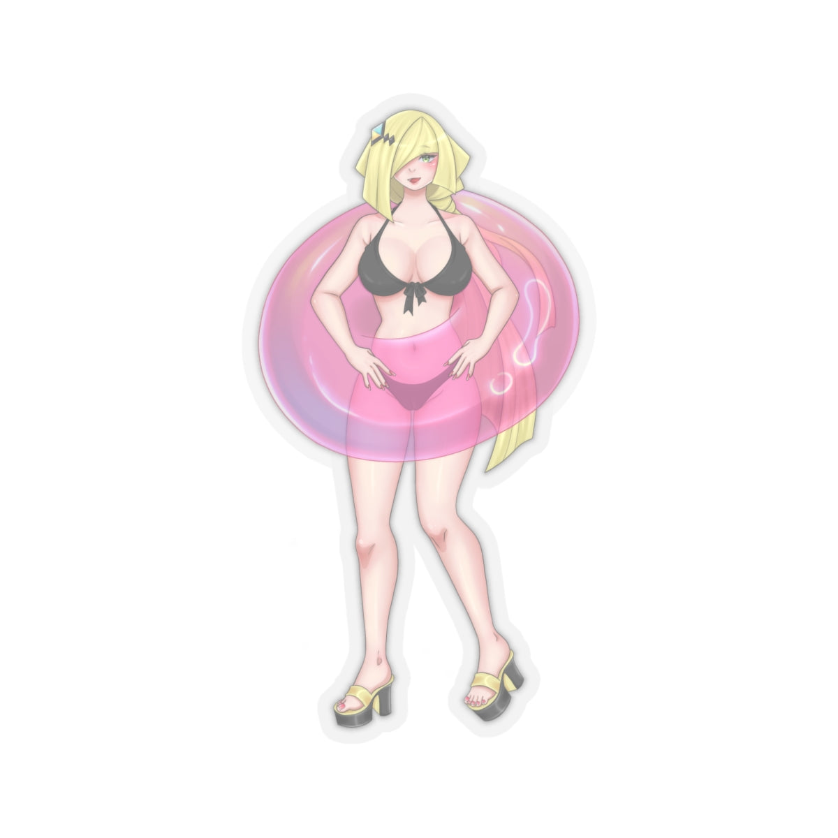 Confident blonde anime girl with long ponytail and blue hair clip, standing inside a large translucent pink pool floatie ring, wearing revealing black string bikini top with bow and matching pink shorts, huge breasts spilling out, toned midriff and thick thighs, yellow platform heels, hands on hips, seductive green eyes and playful smirk.