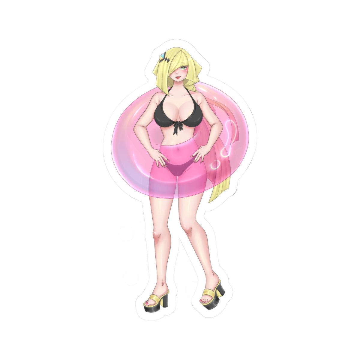 Confident blonde anime girl with long ponytail and blue hair clip, standing inside a large translucent pink pool floatie ring, wearing revealing black string bikini top with bow and matching pink shorts, huge breasts spilling out, toned midriff and thick thighs, yellow platform heels, hands on hips, seductive green eyes and playful smirk.