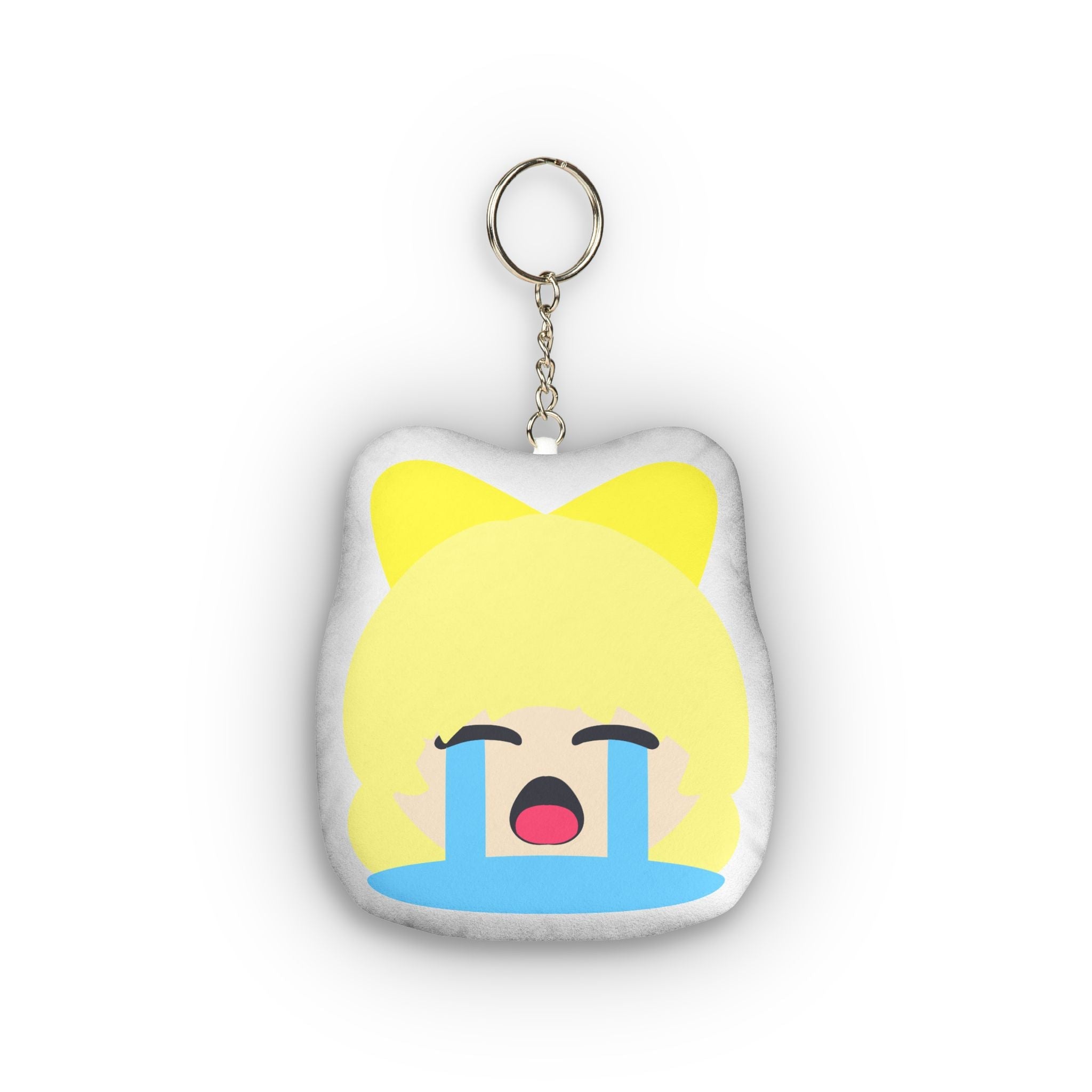 Cute anime plush keychain of a blonde girl with yellow cat ears, eyes closed tight in ecstatic overload, wide open mouth, heavy streaming blue tears cascading down her flushed cheeks, and exaggerated intense ahegao crying expression on a soft rounded pillow charm.