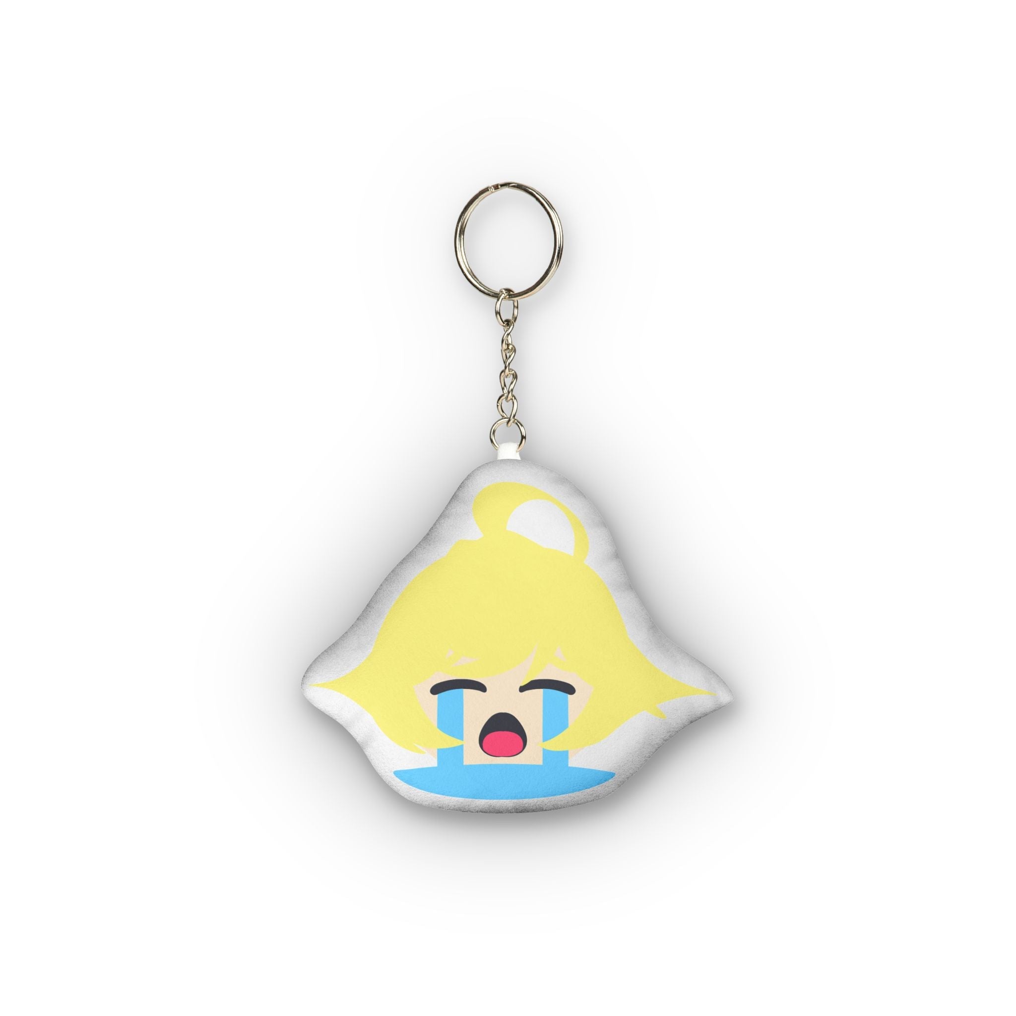 Cute plush keychain of a blonde anime girl with long flowing yellow hair, eyes squeezed shut in overwhelming ecstasy, wide open mouth, massive streaming blue tears cascading down her face, flushed cheeks, and exaggerated ahegao crying expression on a soft rounded charm.