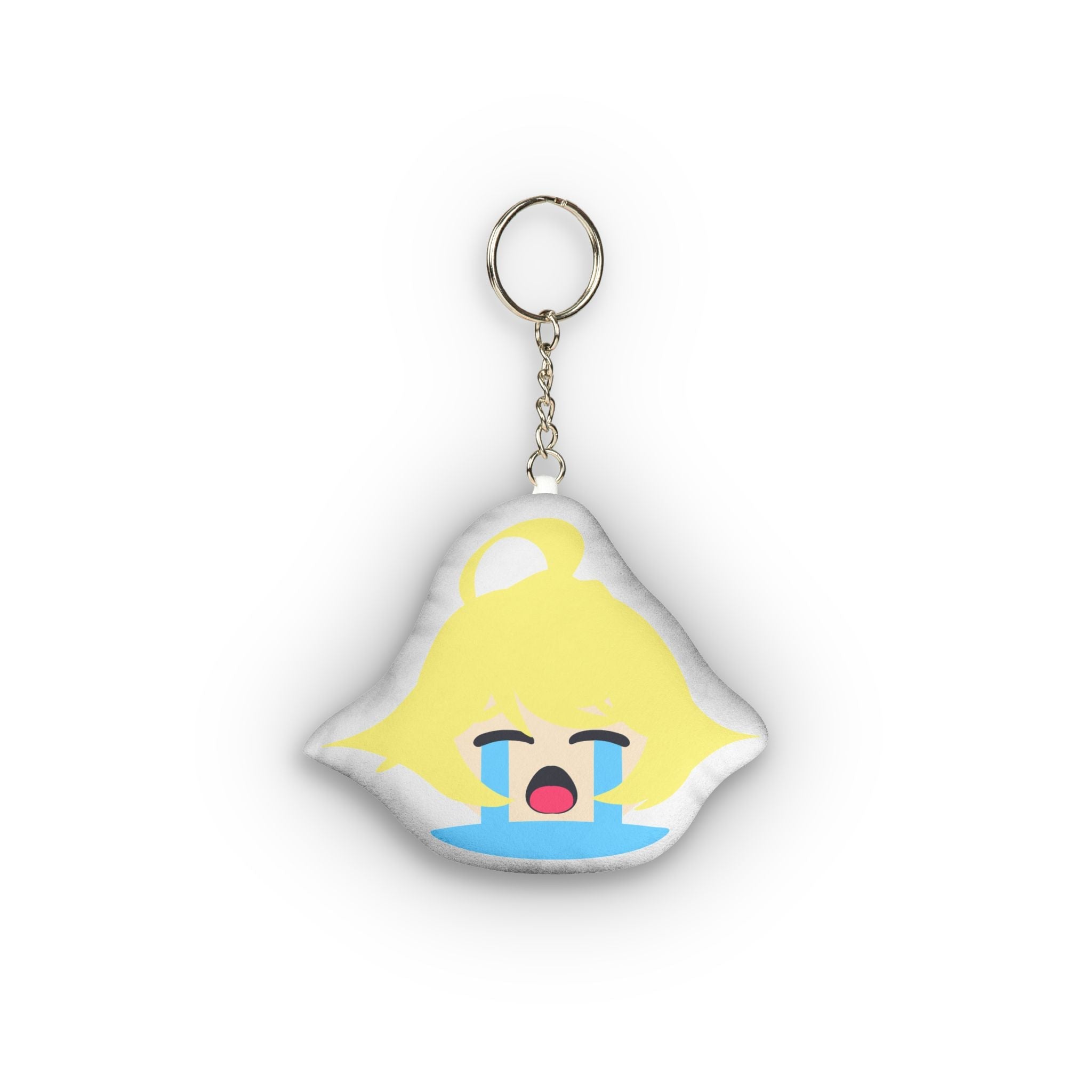 Cute plush keychain of a blonde anime girl with long flowing yellow hair, eyes squeezed shut in overwhelming ecstasy, wide open mouth, massive streaming blue tears cascading down her face, flushed cheeks, and exaggerated ahegao crying expression on a soft rounded charm.