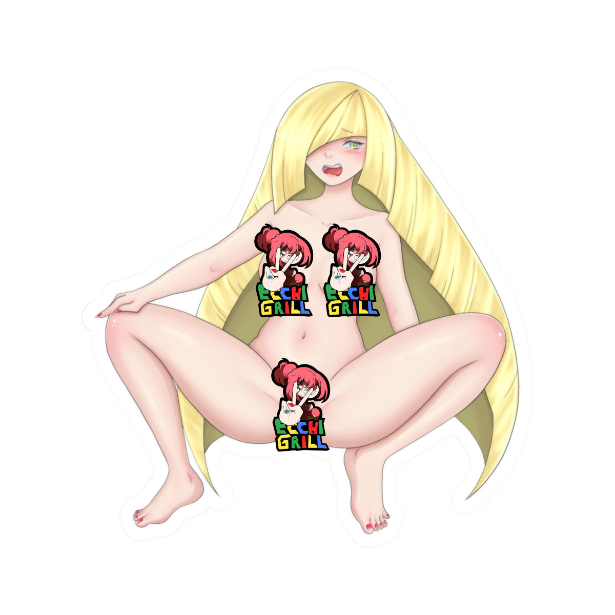 Fully nude curvy blonde ecchi milf with long flowing hair, blushing ahegao face and wink, enormous bare breasts with hard nipples, completely exposed shaved pussy and spread labia, squatting low with thighs wide open and bare feet on white background.