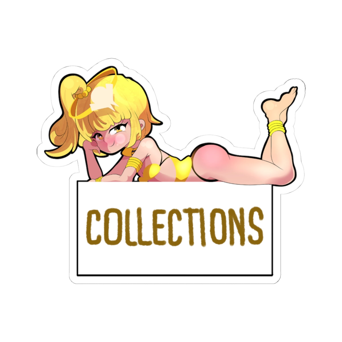 Playful blonde anime loli with high ponytail and flower clip, winking with blush, lying on stomach in tiny yellow polka-dot bikini top and bottoms, yellow bracelets on ankles, one leg kicked up over a brown "COLLECTIONS" sign on white background