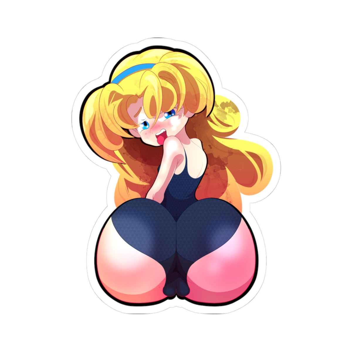 Cute blonde loli with twin curly ponytails and blue headband in tight navy school swimsuit, looking back with crying ahegao face and drooling tongue, massive round ass cheeks fully exposed with deep wedgie splitting them, perfect for assjob and grinding