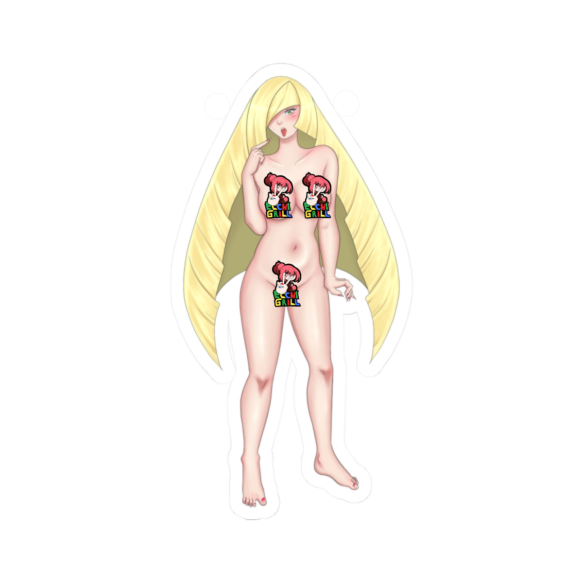 Sultry anime blonde girl with ultra-long flowing yellow hair styled like angelic wings, completely nude with huge perky breasts, toned body and shaved pussy on display, one hand raised to her lips in a playful shush pose, green eyes with blush, standing confidently on transparent background.