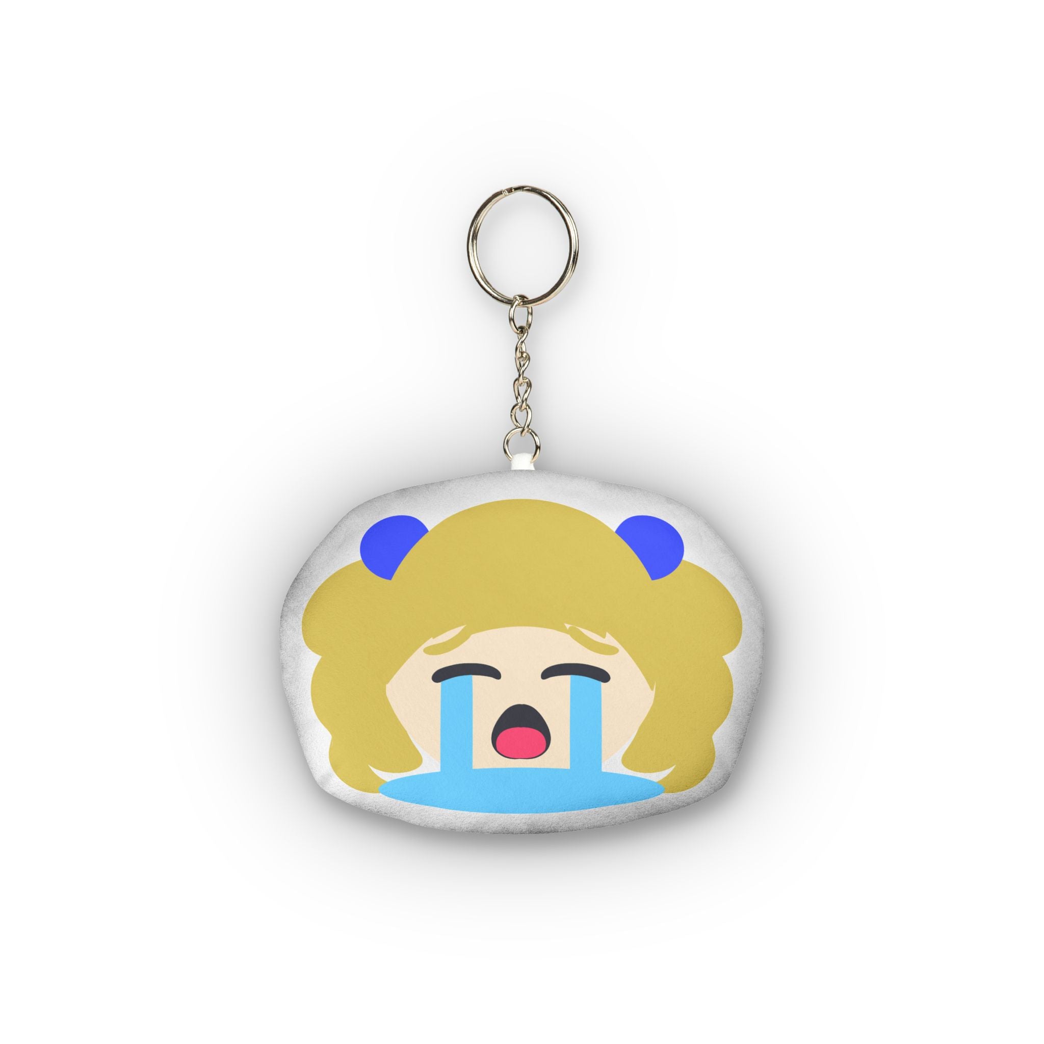 Cute hentai-style plush keychain of anime girl with blonde twin pigtails tied with blue bows, distressed sobbing expression, eyes tightly closed, massive blue tears streaming endlessly down her flushed face, wide open mouth in exaggerated dramatic emotional chibi design.