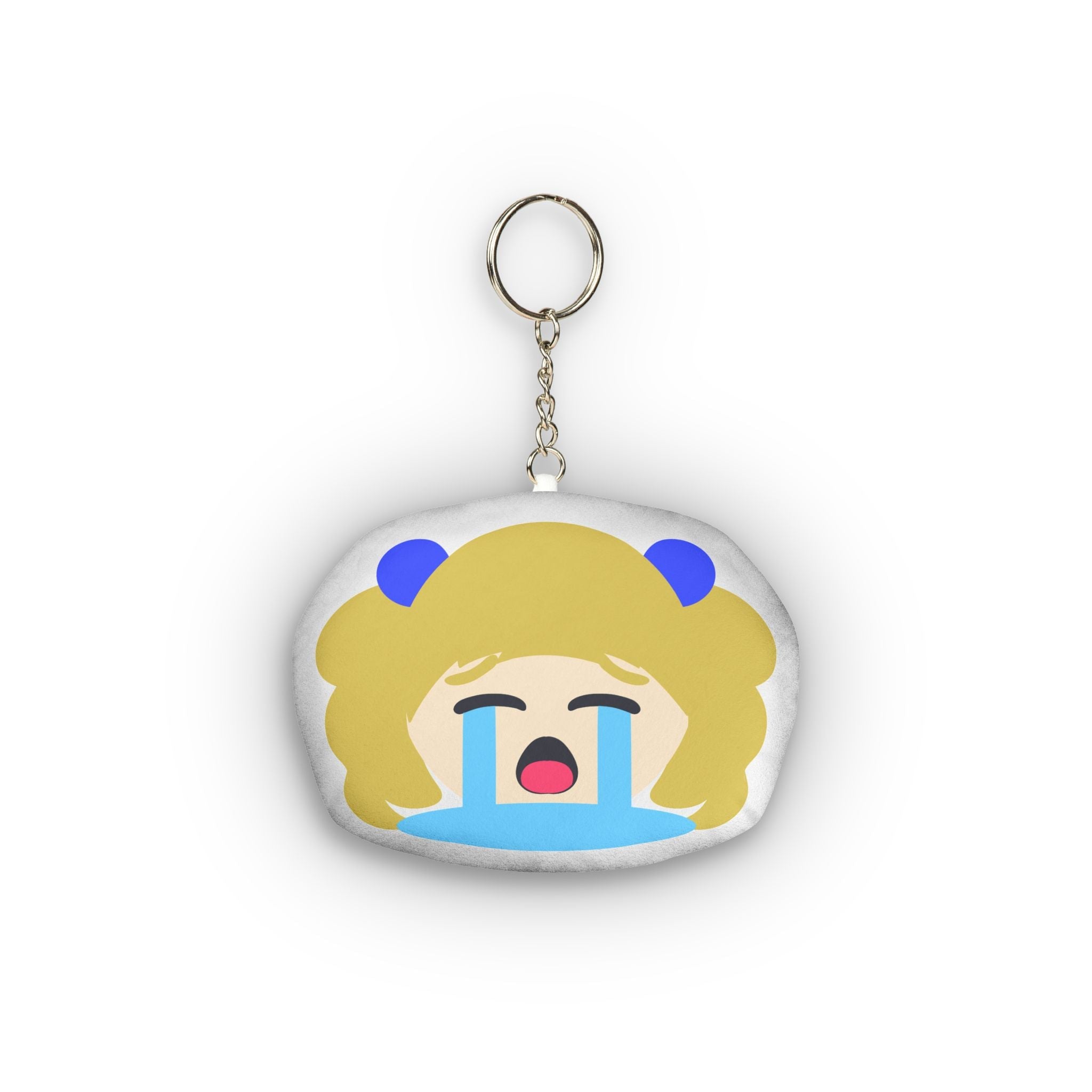 Cute hentai-style plush keychain of anime girl with blonde twin pigtails tied with blue bows, distressed sobbing expression, eyes tightly closed, massive blue tears streaming endlessly down her flushed face, wide open mouth in exaggerated dramatic emotional chibi design.