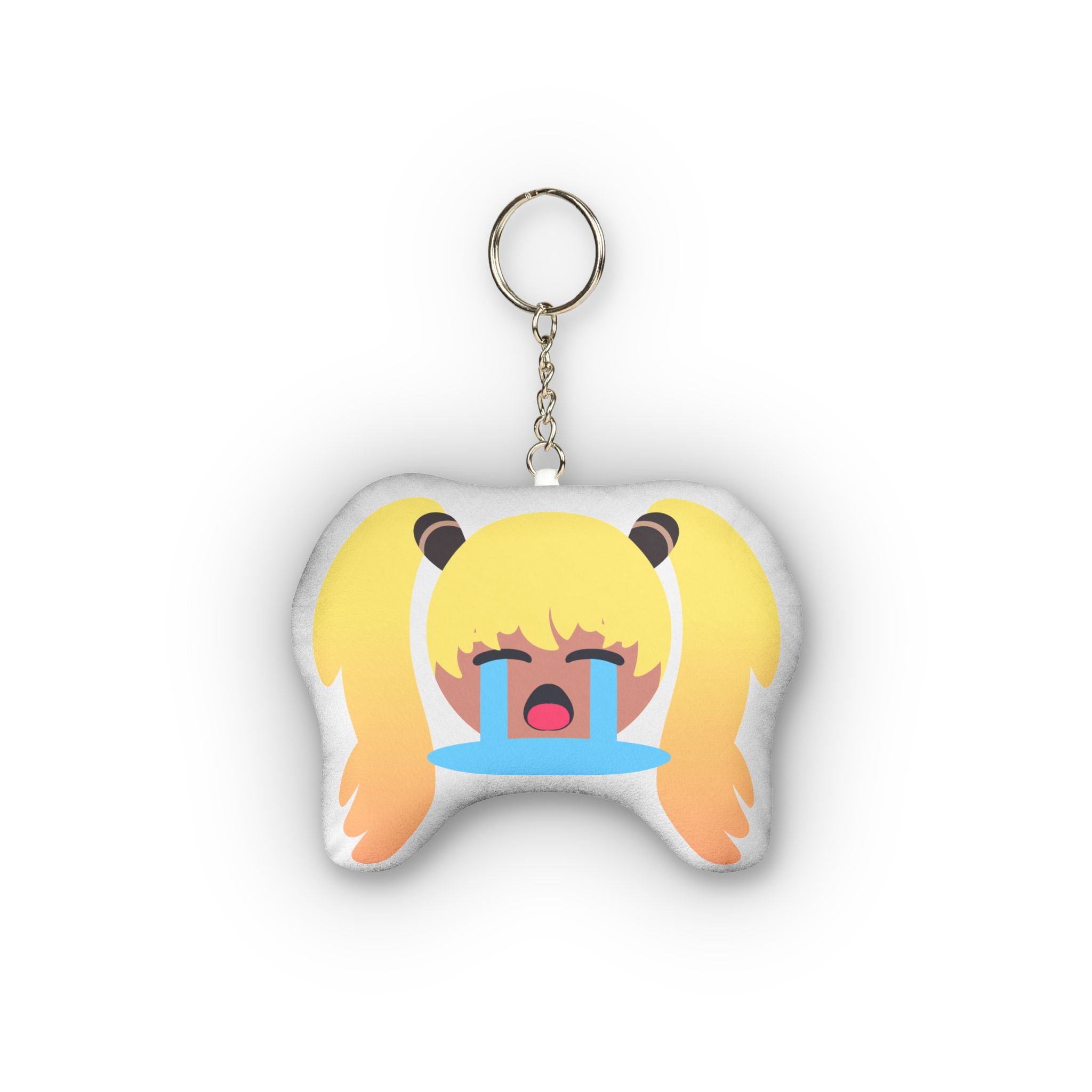 Cute hentai-style plush keychain of anime girl with long blonde twin pigtails and dark tan skin, distressed sobbing expression, eyes tightly closed, huge dramatic blue tears streaming endlessly down her flushed face, wide open mouth in exaggerated emotional chibi design.