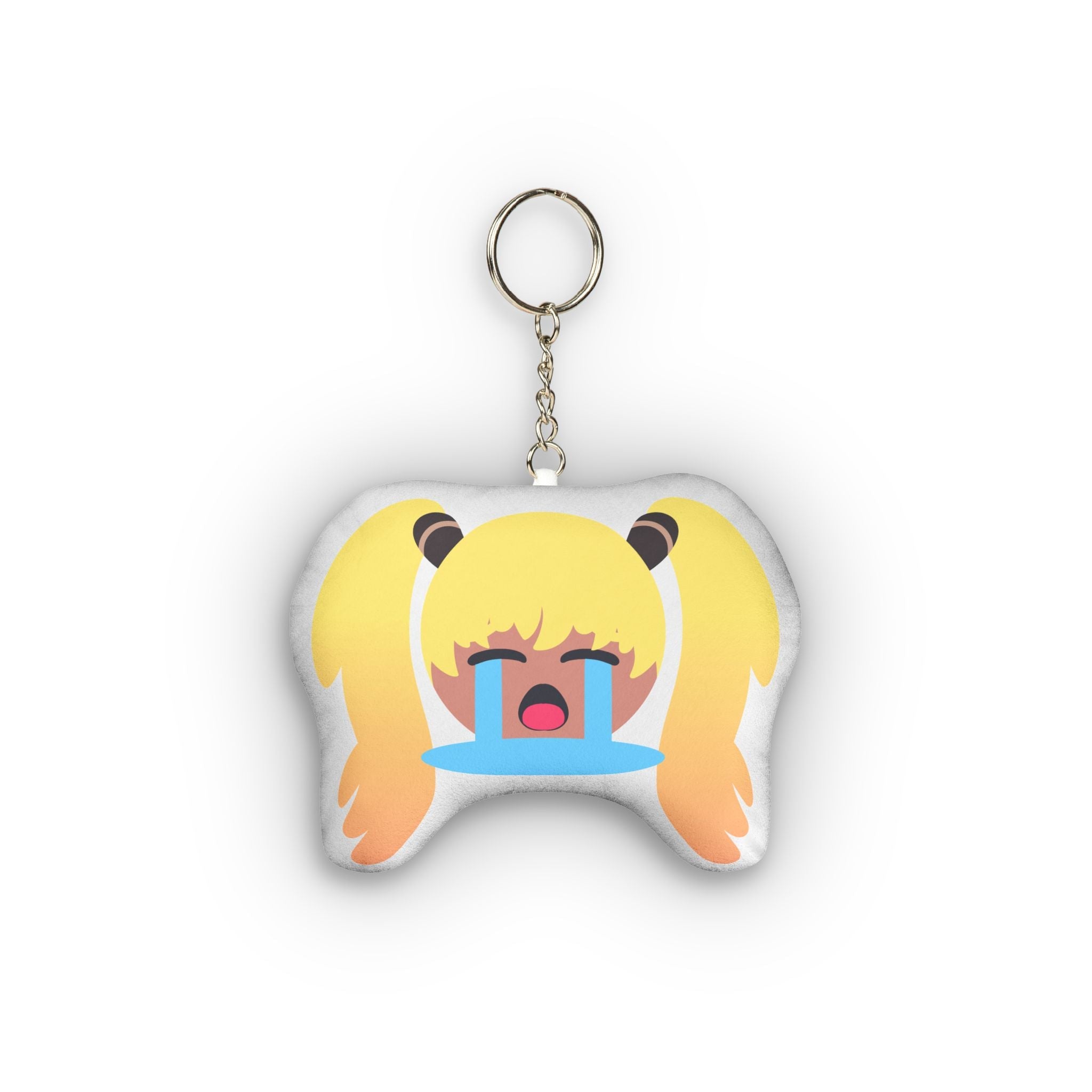 Cute hentai-style plush keychain of anime girl with long blonde twin pigtails and dark tan skin, distressed sobbing expression, eyes tightly closed, huge dramatic blue tears streaming endlessly down her flushed face, wide open mouth in exaggerated emotional chibi design.