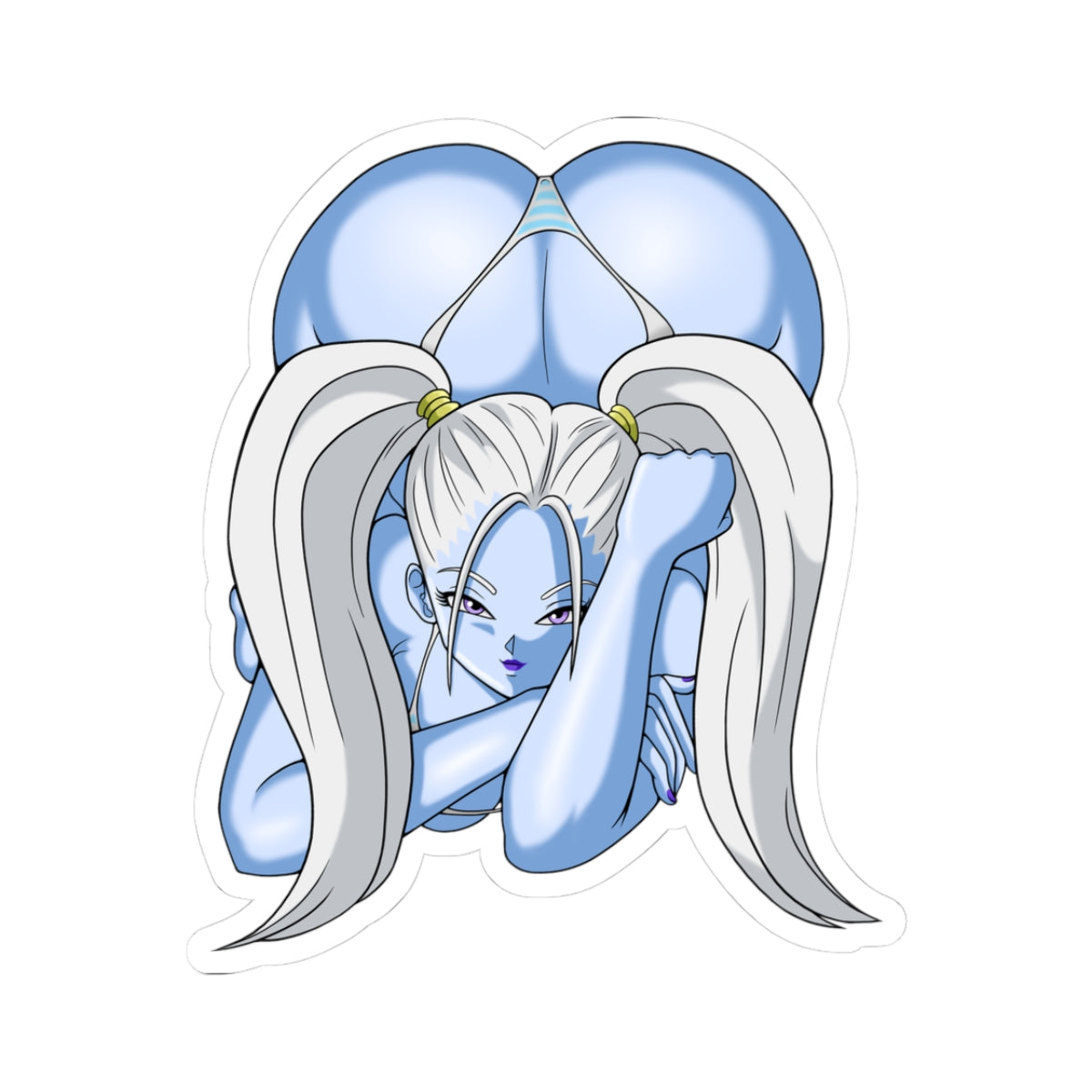 Blue-skinned Dragon Ball female character lying prone with her enormous round ass raised high, wearing a skimpy light blue thong wedged between cheeks, long white twin ponytails, arms crossed under chin, seductive purple-eyed expression.