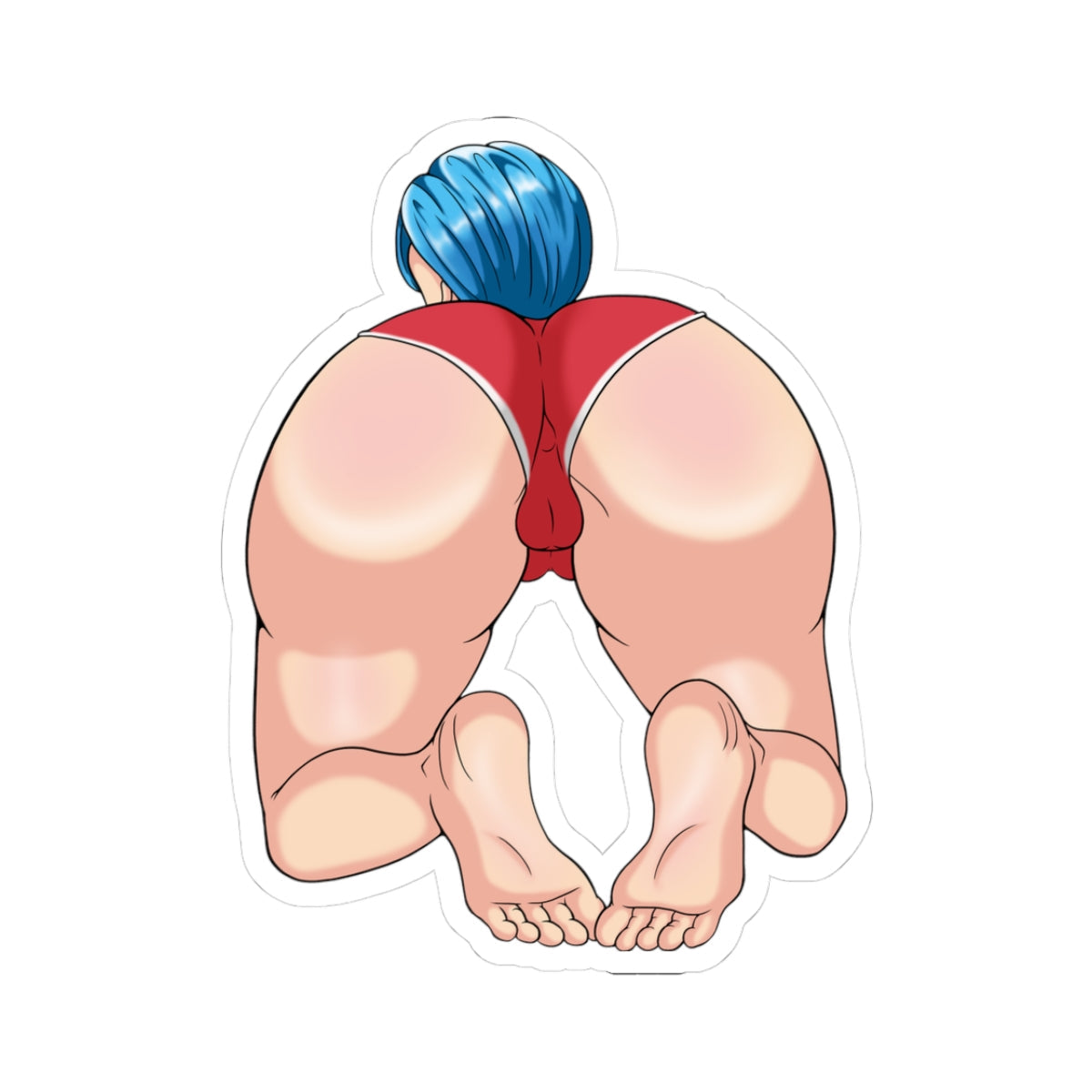 Rear view of Bulma from Dragon Ball in a deep forward bend pose, wearing tight red panties wedged deep between massive round ass cheeks fully spread apart, tight pink asshole visible in the center through the stretched fabric, puffy pussy outline pressing against the material, short blue hair in a ponytail, thick muscular thighs and bare feet flat on the ground.