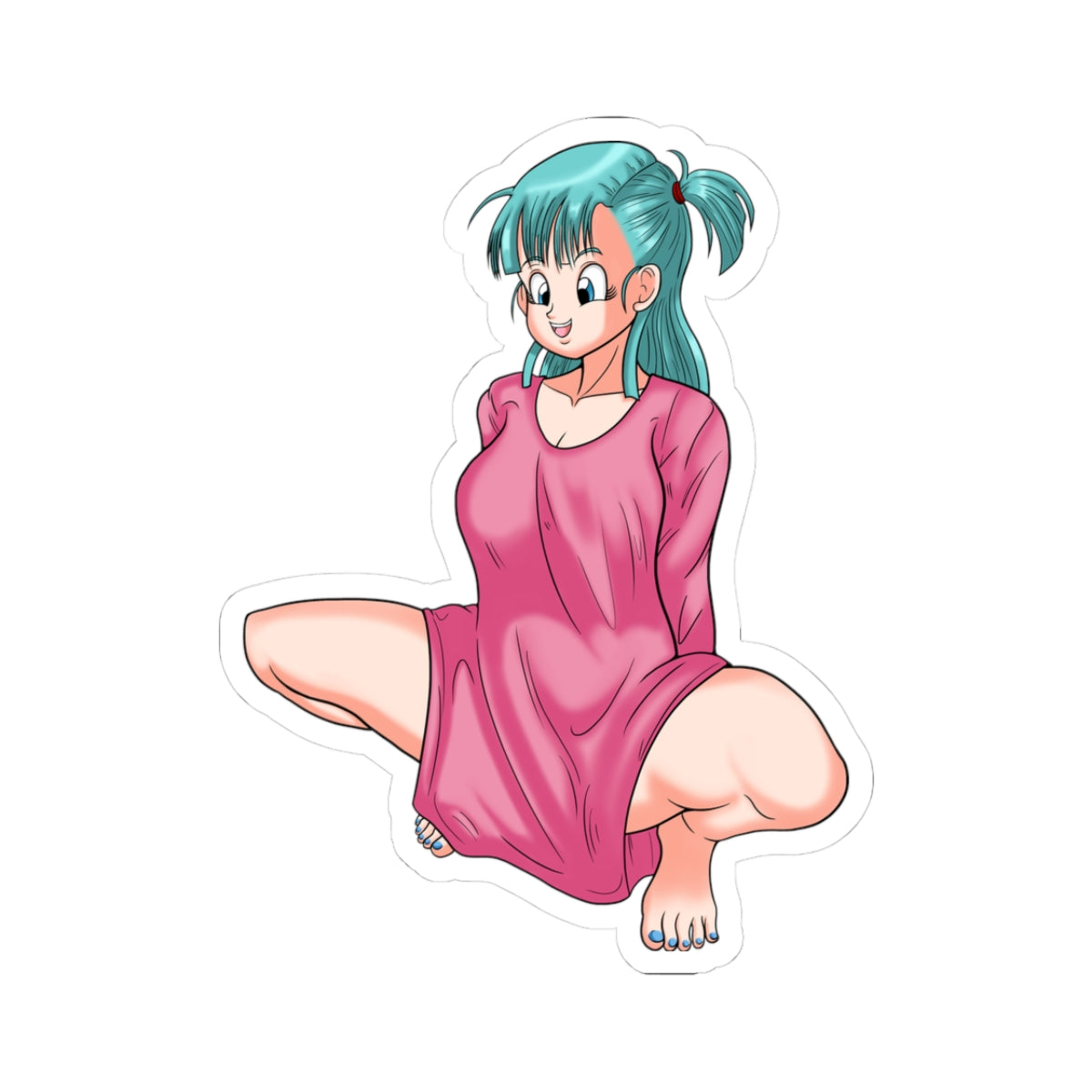 Blue-haired Dragon Ball Bulma anime girl squatting wide with legs spread, wearing a short tight pink nightdress that rides up exposing thick thighs and hint of bare pussy, ponytail with red tie, blue toenails, playful smiling expression, barefoot on floor.