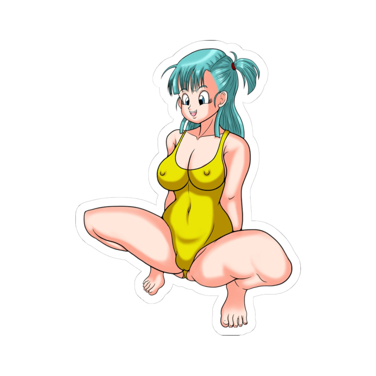 Dragon Ball Bulma anime girl squatting wide with legs spread, wearing tight yellow one-piece swimsuit that rides up exposing thick thighs and visible pussy lips outline, blue ponytail with red tie, large breasts, smiling playful expression, barefoot with blue painted toenails.