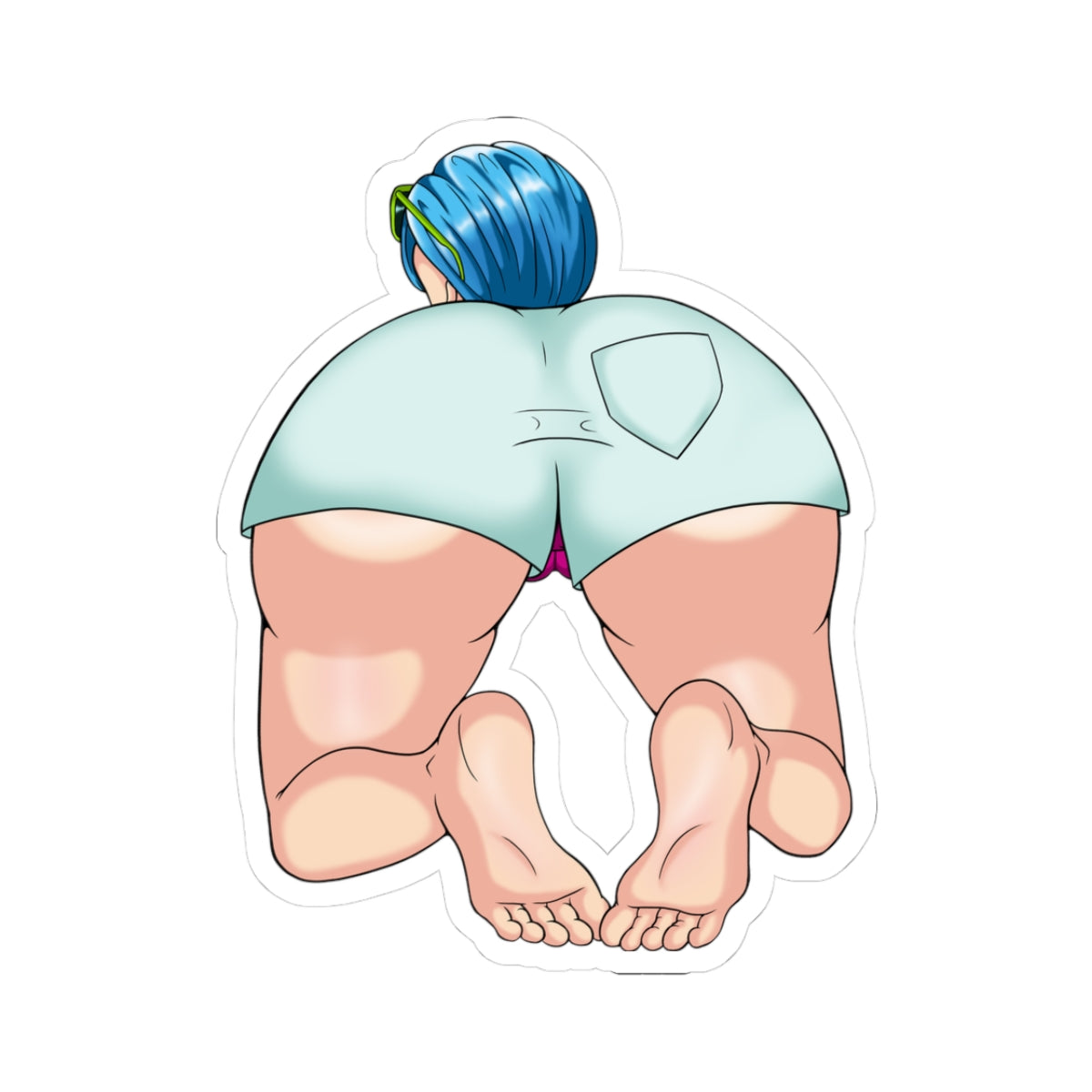 Rear view of Bulma from Dragon Ball in deep forward bend pose, tight light-blue shorts wedged deep between massive round ass cheeks fully spread apart, purple thong string disappearing into the crack, tight pink asshole and puffy pussy outline teasing through stretched fabric, short blue hair in ponytail with green scrunchie, thick muscular thighs and bare feet planted wide.