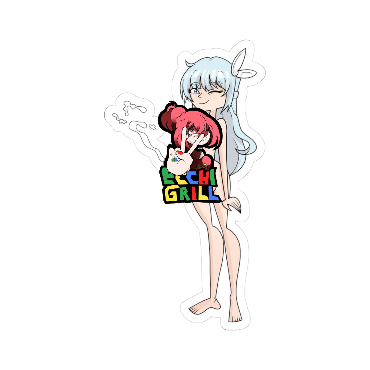 Adorable anime bunny girl with light blue hair, rabbit ears, and fluffy tail, completely nude and standing on one leg while lifting the other high, winking playfully as she holds her erect cock covered in thick white cum dripping down the shaft and thighs, mischievous smile and detailed glistening semen trails in a teasing close-up femboy handjob pose.