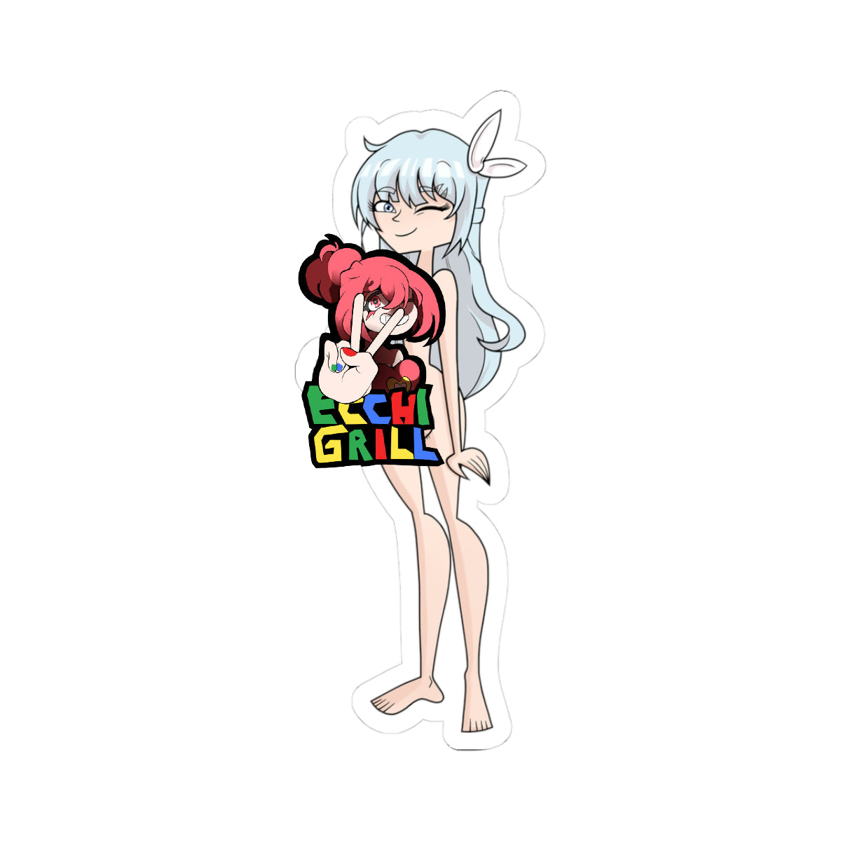 Adorable anime femboy bunny girl with long light blue hair, rabbit ears, and fluffy tail, fully nude and standing on one leg while raising the other high, winking mischievously as she holds her erect cock completely coated in thick white cum dripping in heavy strands down the shaft, balls, and thighs, teasing pose with detailed glistening semen trails and playful expression in close-up.