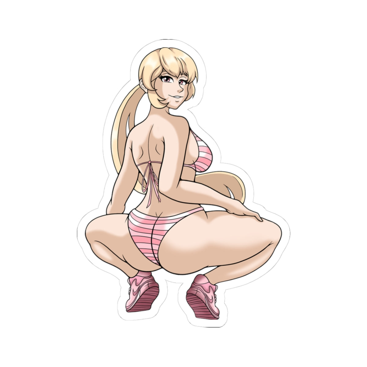 Steamy NSFW hentai blonde waifu sticker 21+ pale skin ponytail pink eyes smirking squatting pink striped bikini busty tits juicy ass pink sneakers transparent background porn anime adult illustration ass twerk tease fantasy ecstasy slut decal