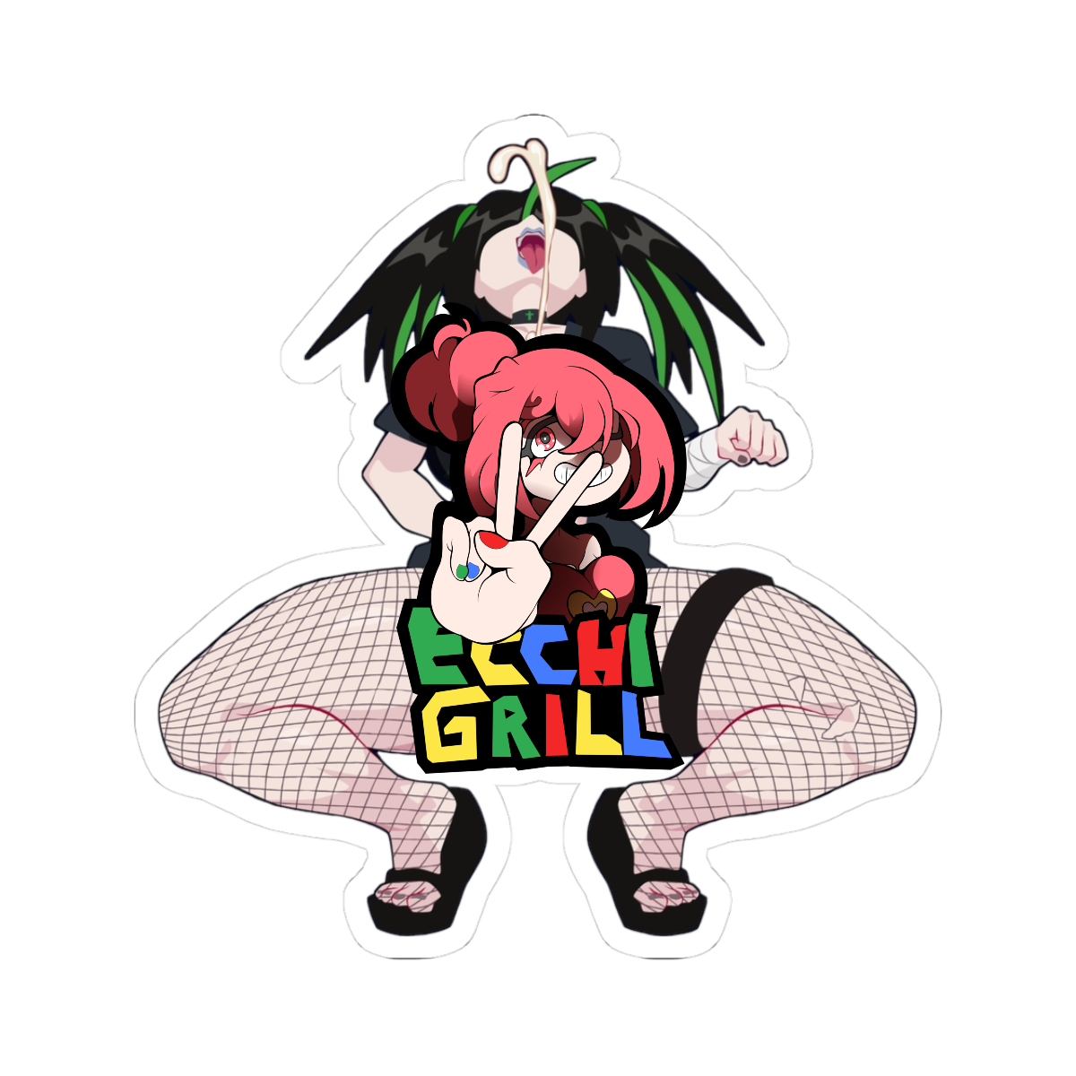 Busty black-haired with green tips futa anime girl in hentai self-suck pose, mouth on own penis, big boobs under black top, fishnet stockings, black garters, platforms, bandages on arm – 21+ adult ecchi porn sticker art