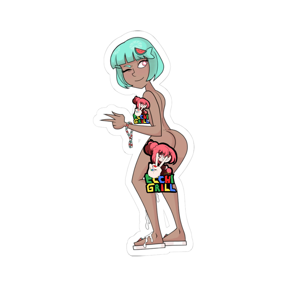 Sexy Watermelon Futa Babe Cum Drip Sticker: Busty Hentai Girl with Teal Hair, Big Boobs, Juicy Ass, Throbbing Cock & Dripping Jizz on Legs & Feet in Naughty Nude Pose - NSFW Adult Anime Sticker