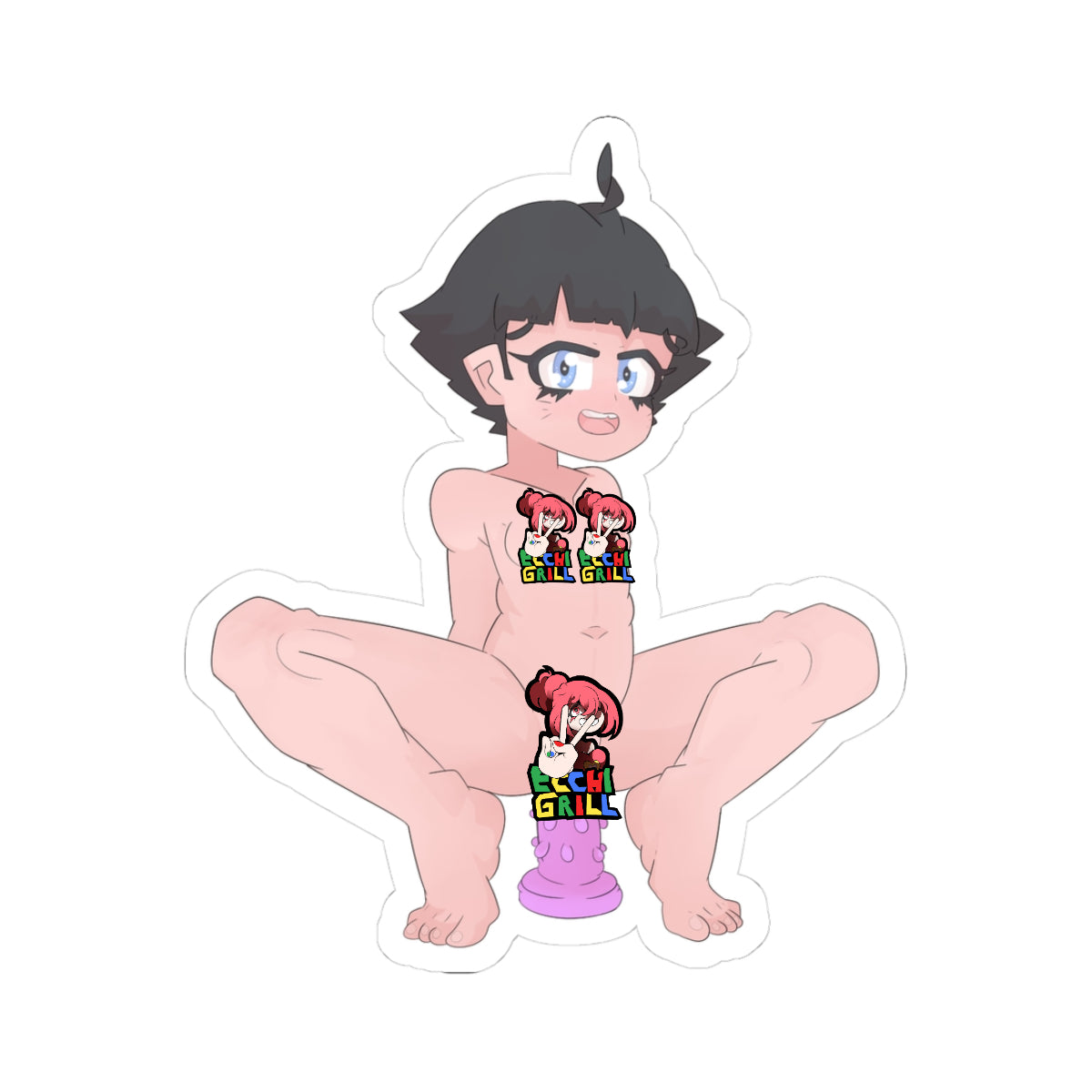 Chibi anime girl with short black hair, glasses, and aroused blue eyes, squatting naked with legs spread wide, large pink textured dildo fully inserted deep into her shaved pussy, body trembling in pleasure, small tits exposed, explicit uncensored hentai sticker style showing penetration and intense masturbation.