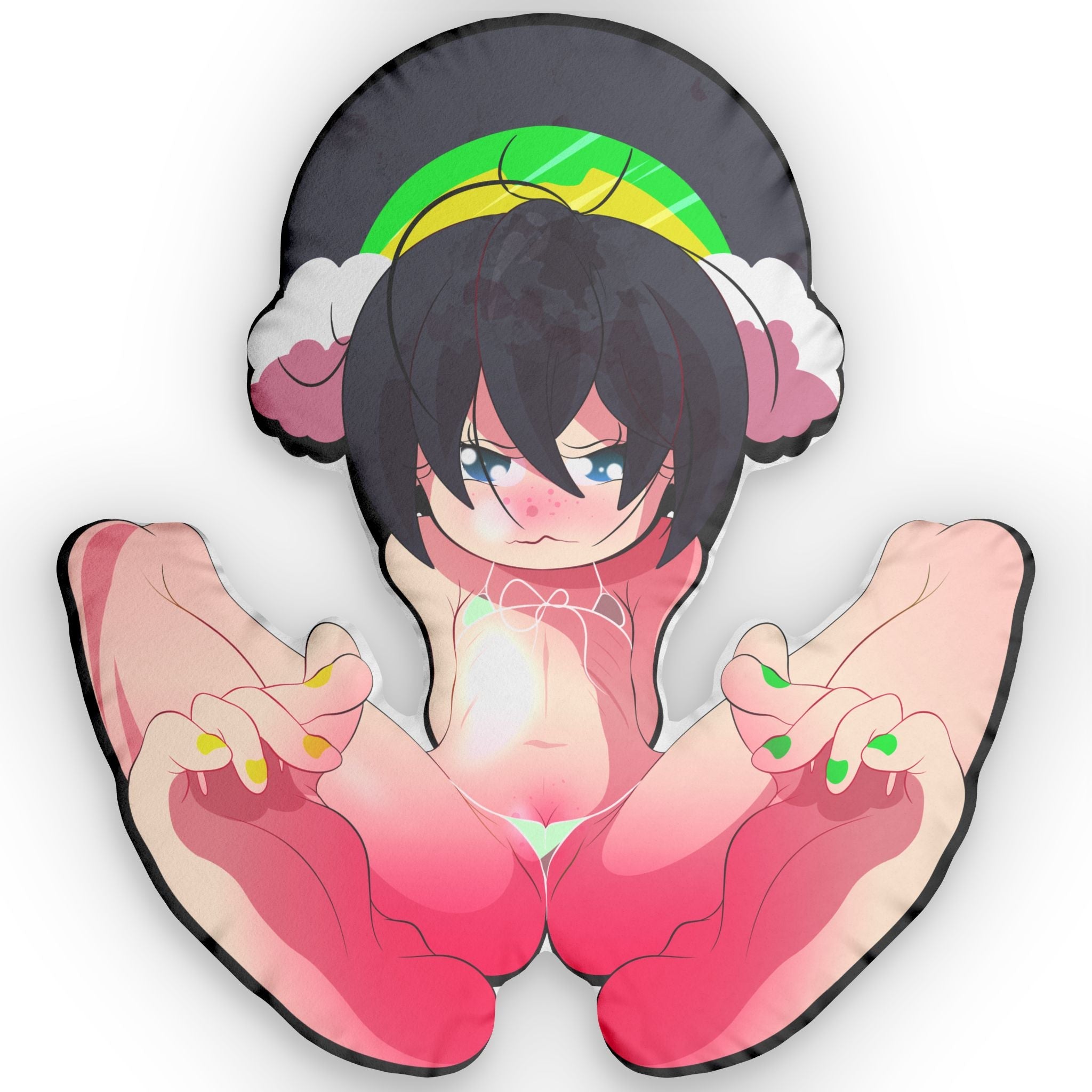 Custom adult dakimakura pillow showing a chibi-style anime girl with short black hair, blue eyes, freckles, and pouty angry expression, rainbow headband with earmuffs, torso and thick legs spread wide apart, wearing tiny green-and-white bikini bottom that reveals cameltoe and exposed skin, pink skin tone, Ecchi Grill branding subtly placed, explicit lewd hugging pillow design for 18+ collectors.