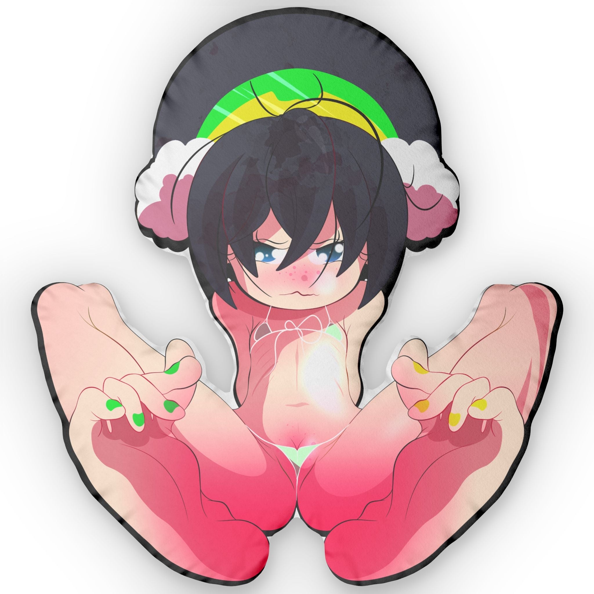 Custom adult dakimakura pillow showing a chibi-style anime girl with short black hair, blue eyes, freckles, and pouty angry expression, rainbow headband with earmuffs, torso and thick legs spread wide apart, wearing tiny green-and-white bikini bottom that reveals cameltoe and exposed skin, pink skin tone, Ecchi Grill branding subtly placed, explicit lewd hugging pillow design for 18+ collectors.
