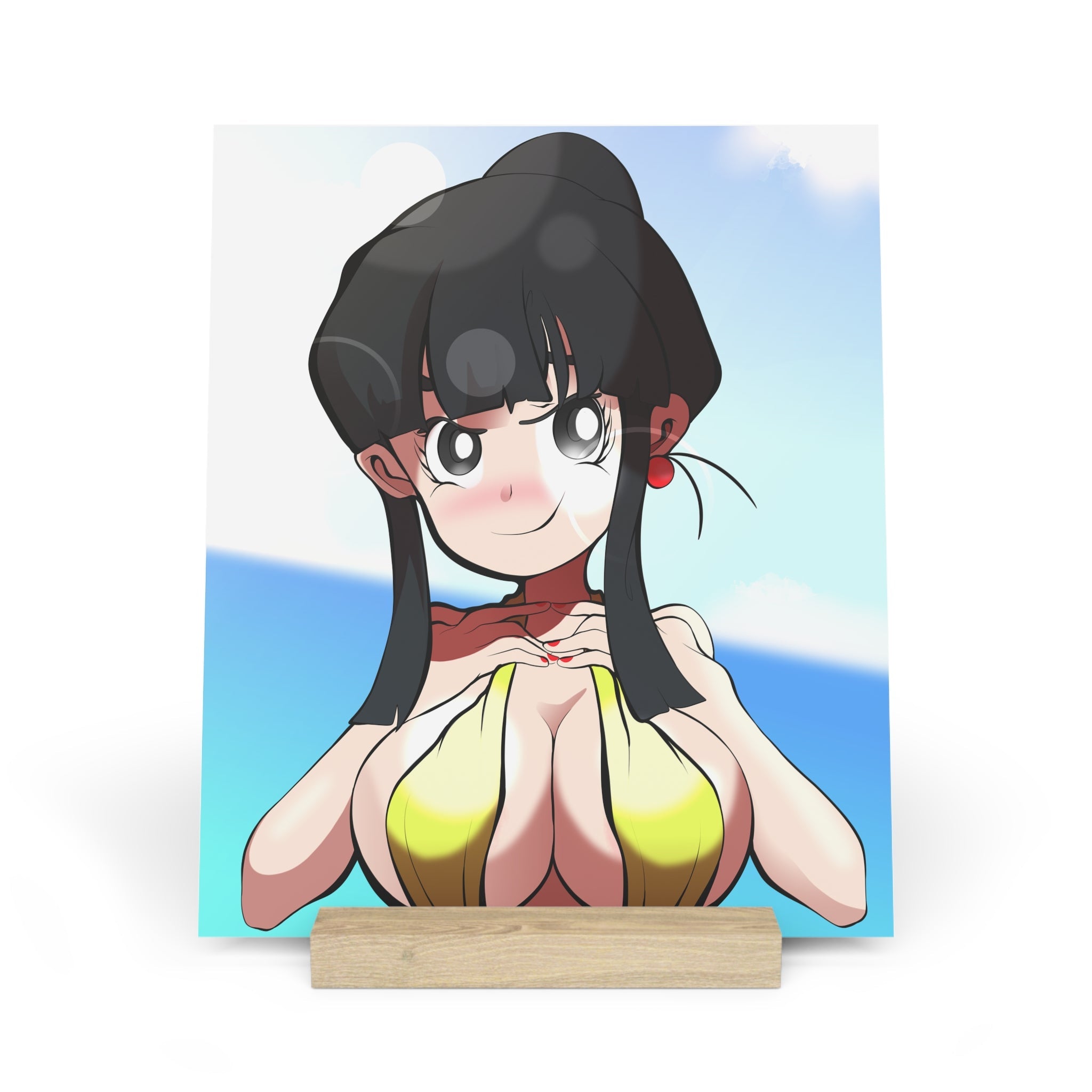 Sexy chibi Chi-Chi from Dragon Ball with long black hair in high ponytail and red ribbon, fierce blue eyes with bratty smirk and heavy blush, yellow micro bikini top pulled low exposing huge round breasts squeezed tight in deep cleavage by her hands, red accents, sunny beach horizon with bright blue ocean and fluffy clouds background.