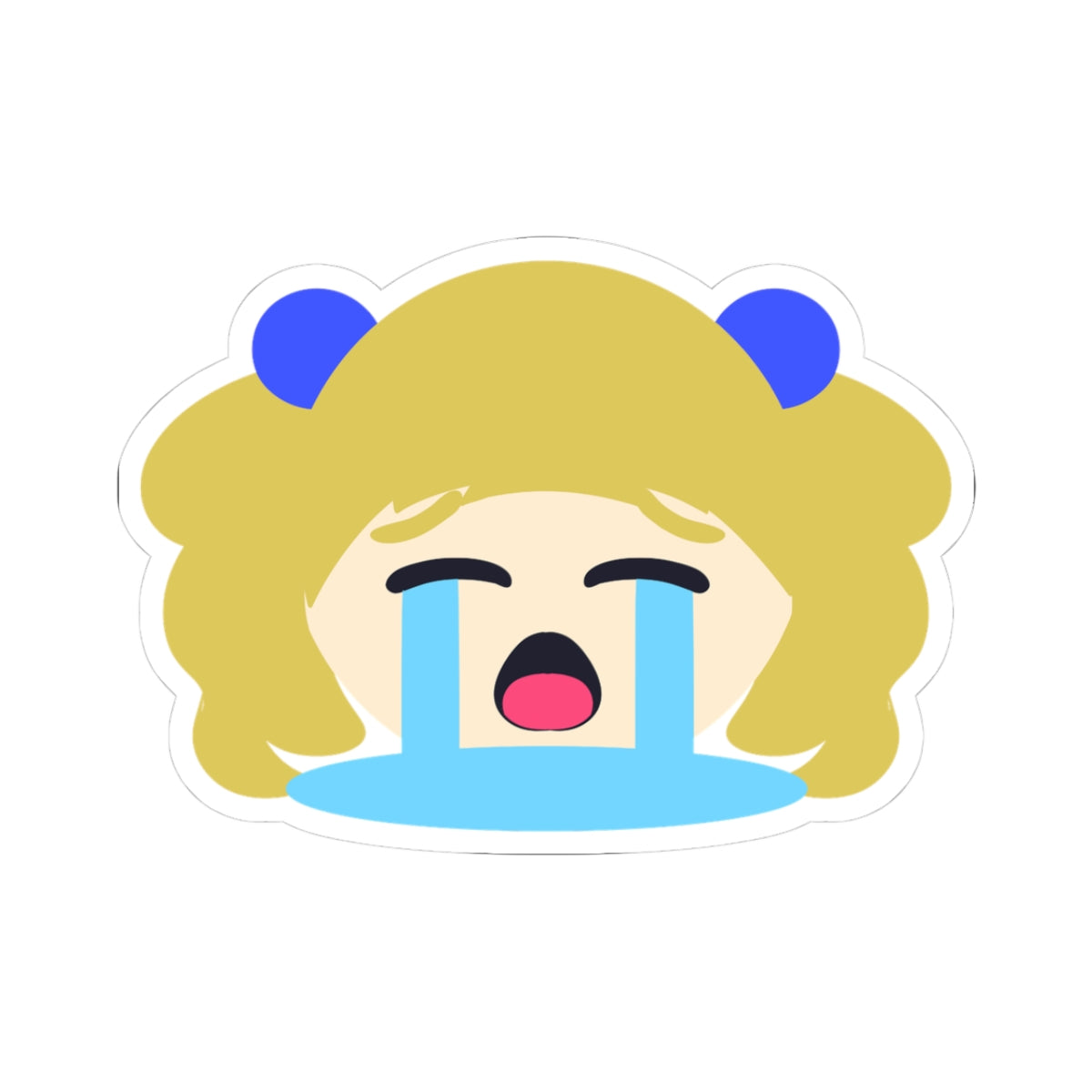 Cute blonde anime girl with big blue hair pigtails, eyes closed tight and crying huge dramatic blue tears streaming down her face, open-mouthed sobbing expression with pink tongue out, meme-style overwhelmed crying sticker.