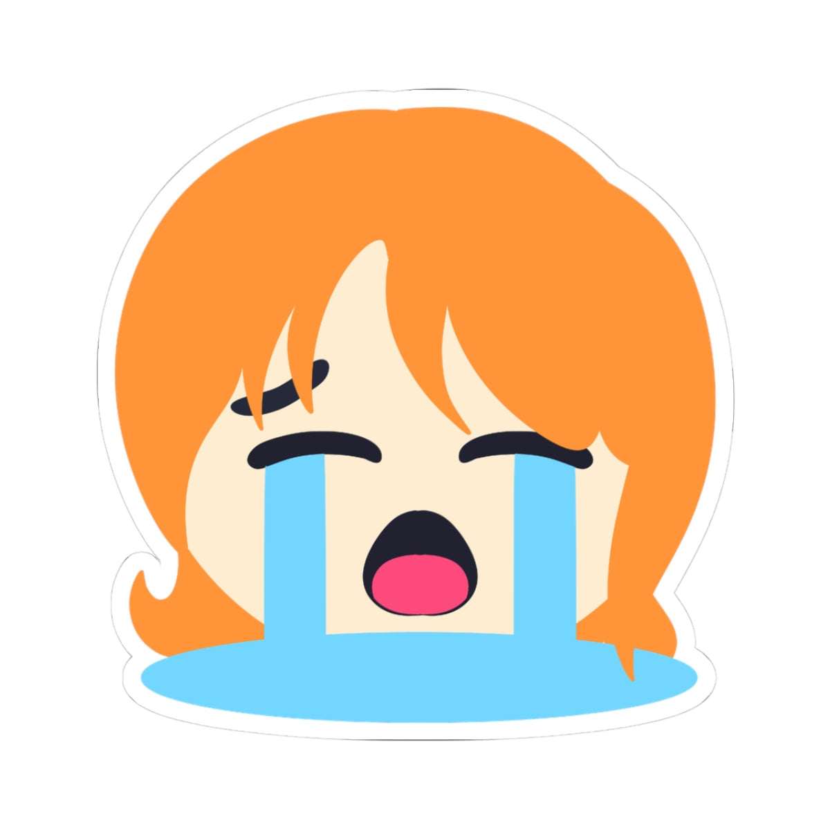 Adorable hentai schoolgirl sticker with vibrant orange hair in twin ponytails, eyes squeezed shut in distress, huge blue tears streaming endlessly down her face, wide open mouth sobbing dramatically in exaggerated emotional anime style.