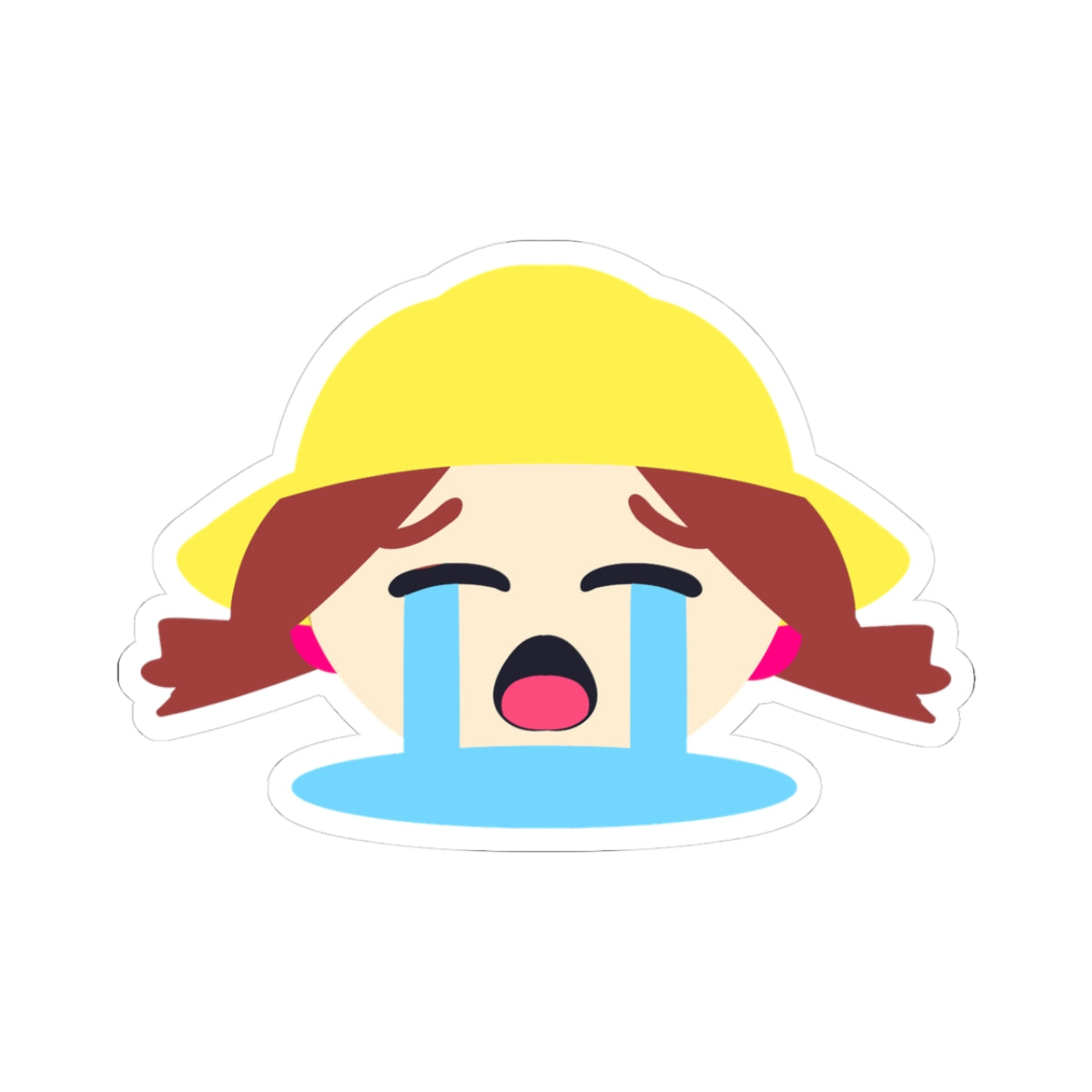 Cute redhead anime girl wearing yellow hat, eyes closed tight and crying huge dramatic blue tears streaming down her face, open-mouthed sobbing expression with pink tongue out, meme-style overwhelmed crying sticker.