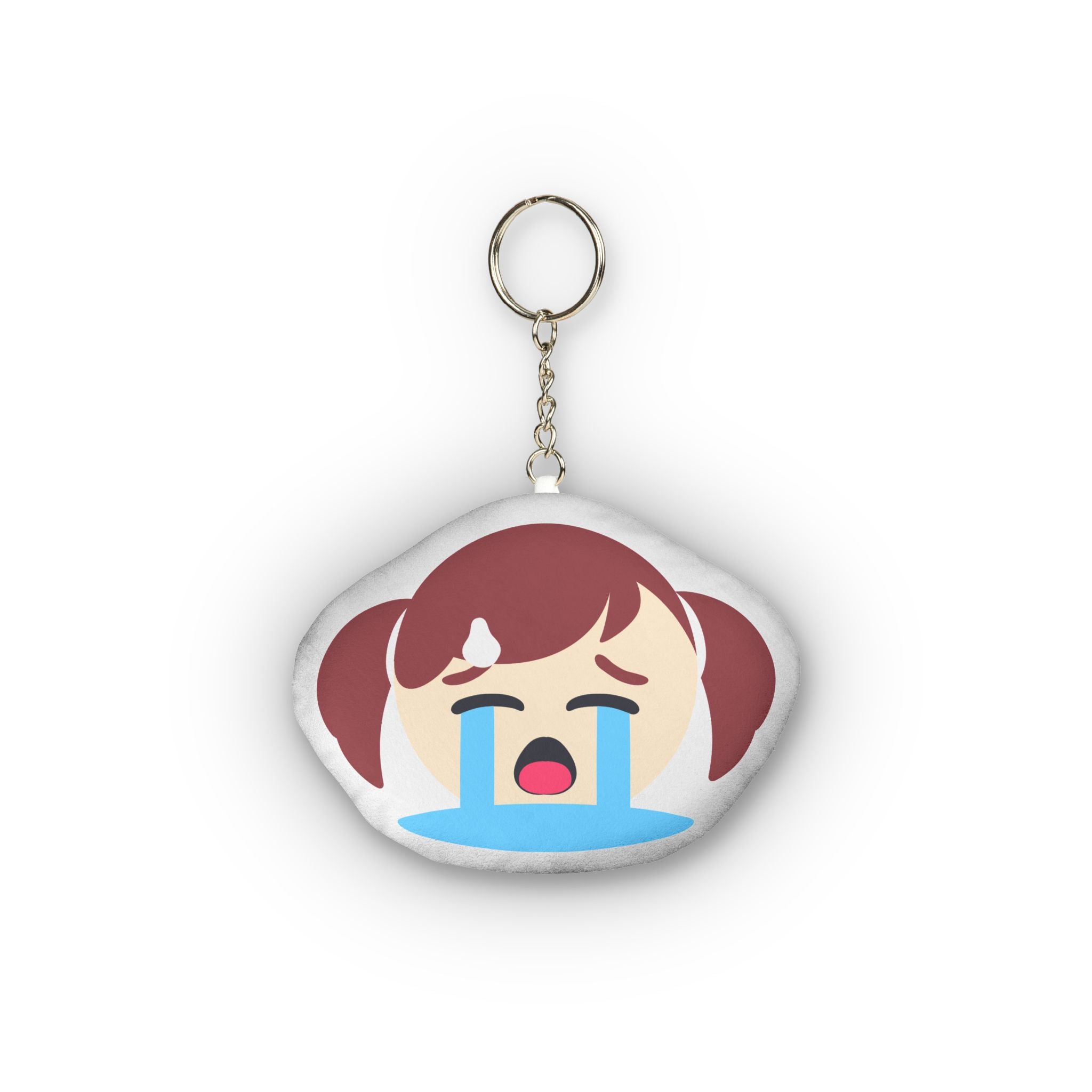 Cute hentai-style keychain plush of anime girl with brown twin ponytails, distressed expression, eyes squeezed shut and massive blue tears streaming down her face, wide open sobbing mouth in dramatic exaggerated emotional style, attached to gold keyring.