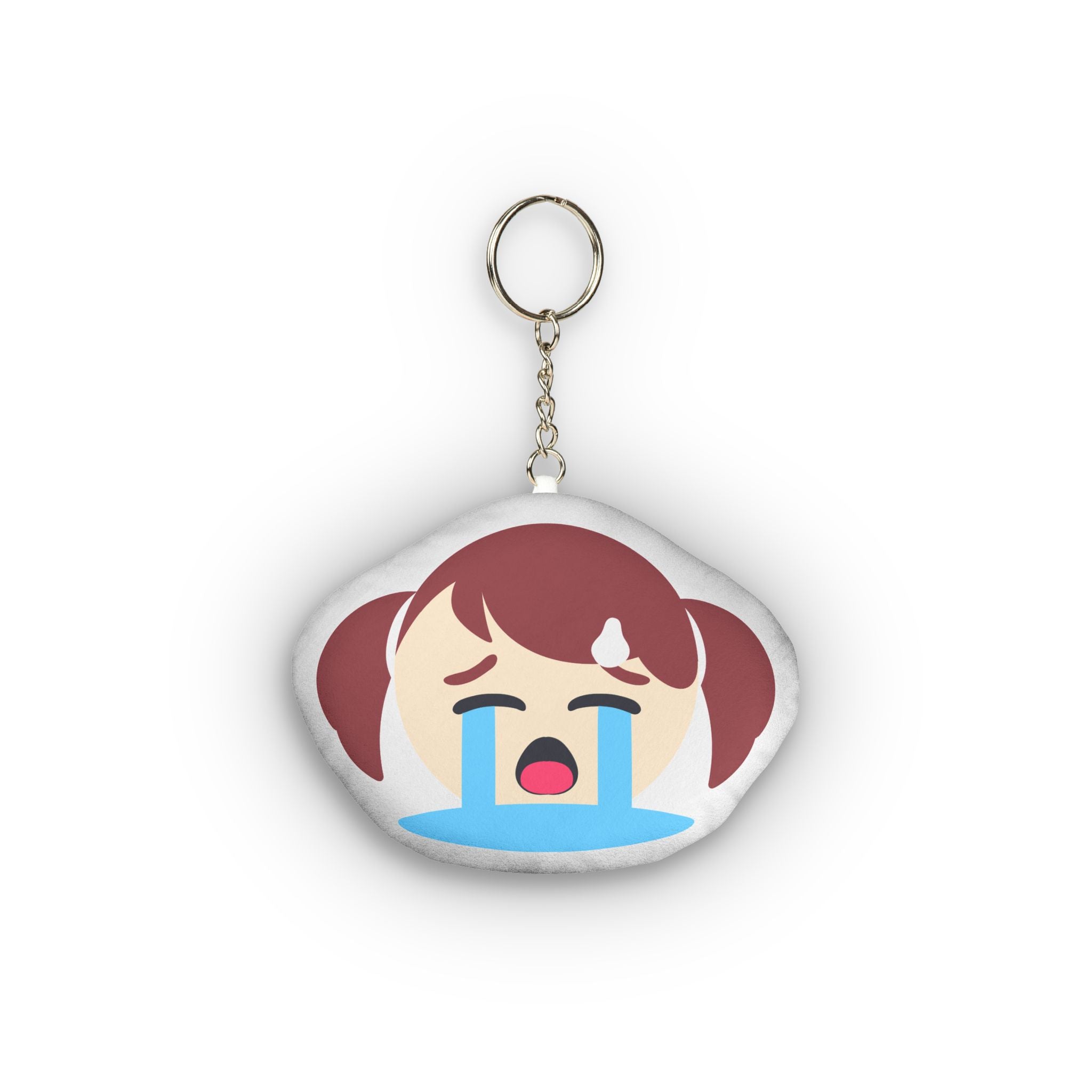 Cute hentai-style keychain plush of anime girl with brown twin ponytails, distressed expression, eyes squeezed shut and massive blue tears streaming down her face, wide open sobbing mouth in dramatic exaggerated emotional style, attached to gold keyring.