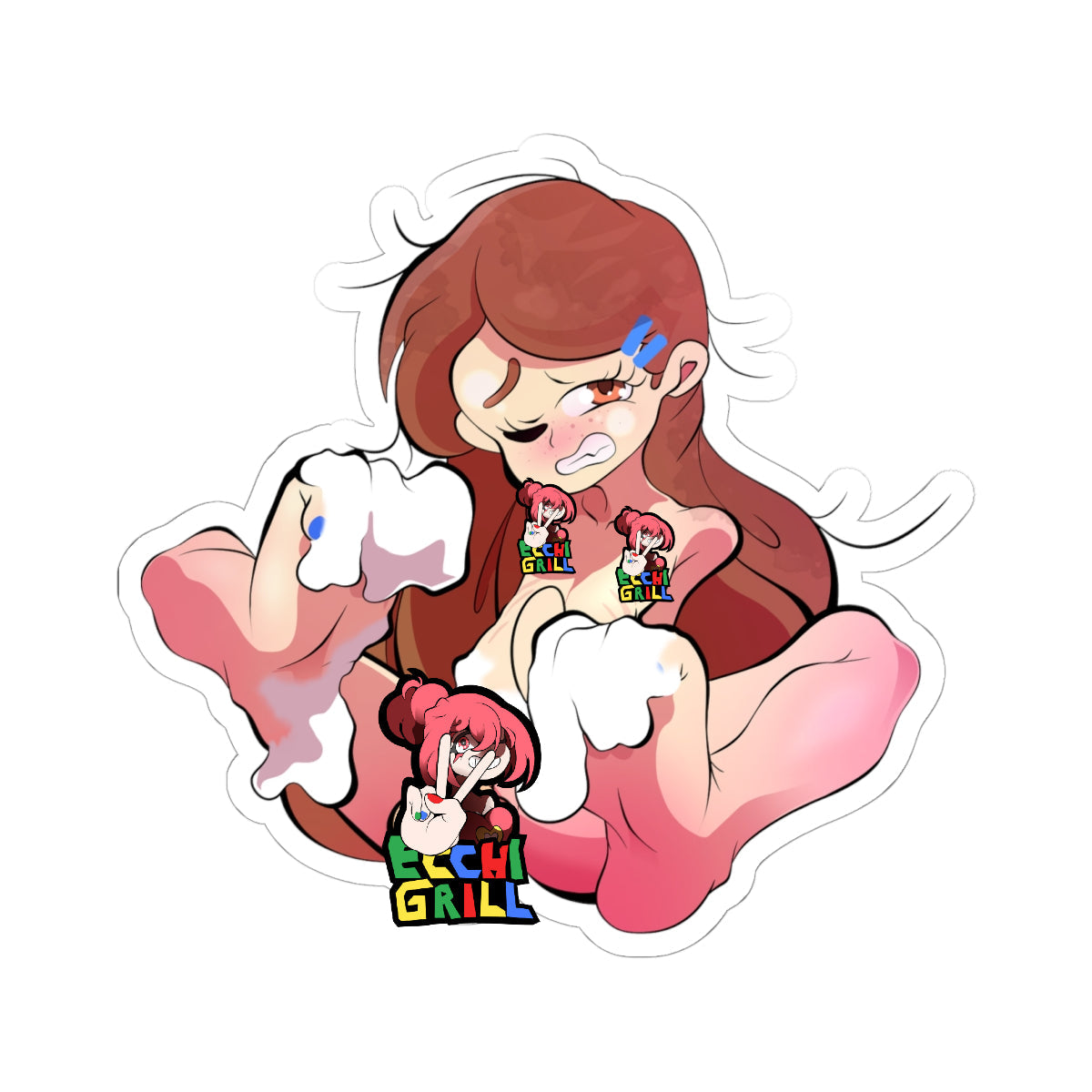 Shy brown-haired anime girl with ponytail and blue sweat drops, fully nude and sitting with legs apart inside a giant plushie toy aftermath, covered head-to-toe in gooey white cum dripping from her body, flushed angry-teary expression with drool, embarrassed pose hugging knees slightly, pink womb-like interior glow around her.