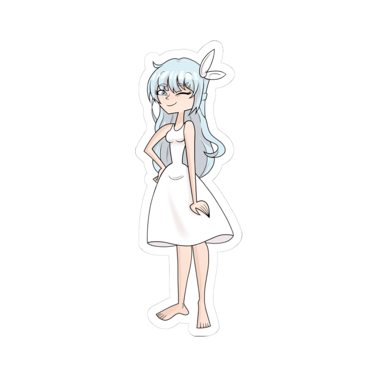 Playful anime bunny femboy girl with long light blue hair, white rabbit ears, and fluffy tail, wearing a short frilly white dress with hands on hips, winking flirtatiously while standing barefoot, smooth legs and bare soles visible, teasing pose hinting at hidden bulge under skirt in cute seductive femboy bunny outfit.