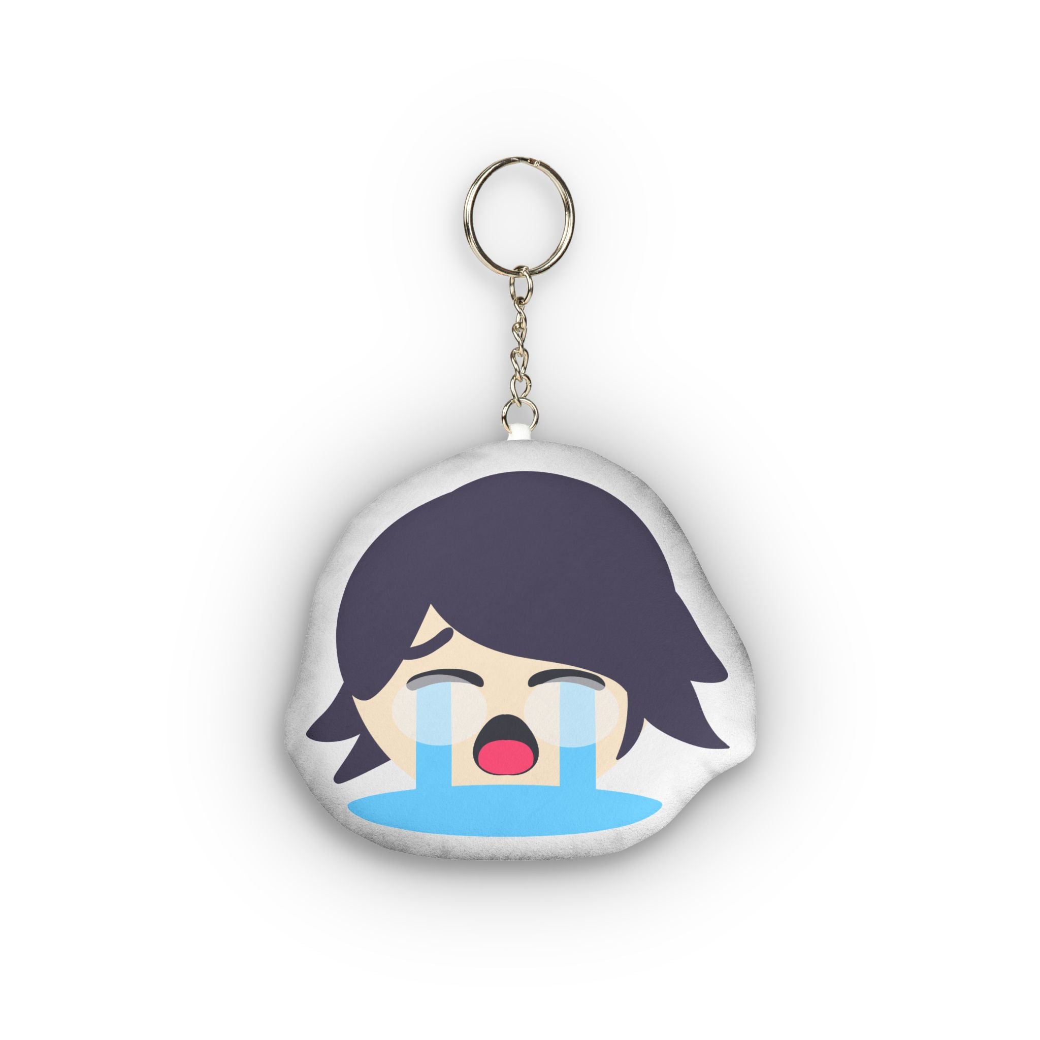 Adorable anime plush keychain of a girl with short dark brown hair, eyes squeezed shut in intense ecstasy, wide open mouth, heavy flowing blue tears streaming down her flushed face, and exaggerated overwhelmed ahegao crying expression on a soft rounded pillow charm.