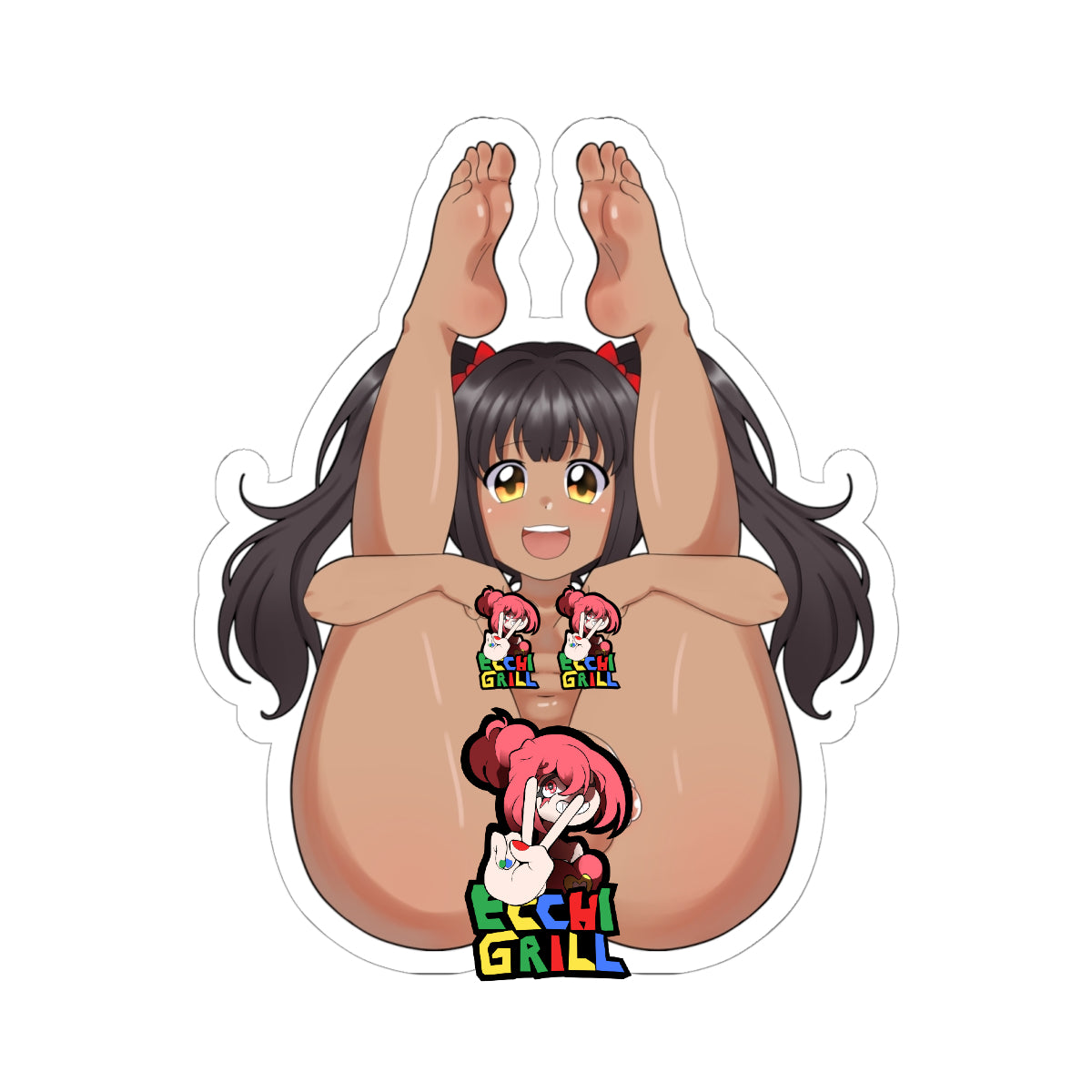 Cute anime futa girl with long black twin-tails tied with red bows and big golden eyes poses legs-up in POV, enormous soft bare soles filling the frame on both sides, thick thighs spread wide exposing flaccid thick cock and heavy balls with massive round ass, playful smiling expression with tongue out.