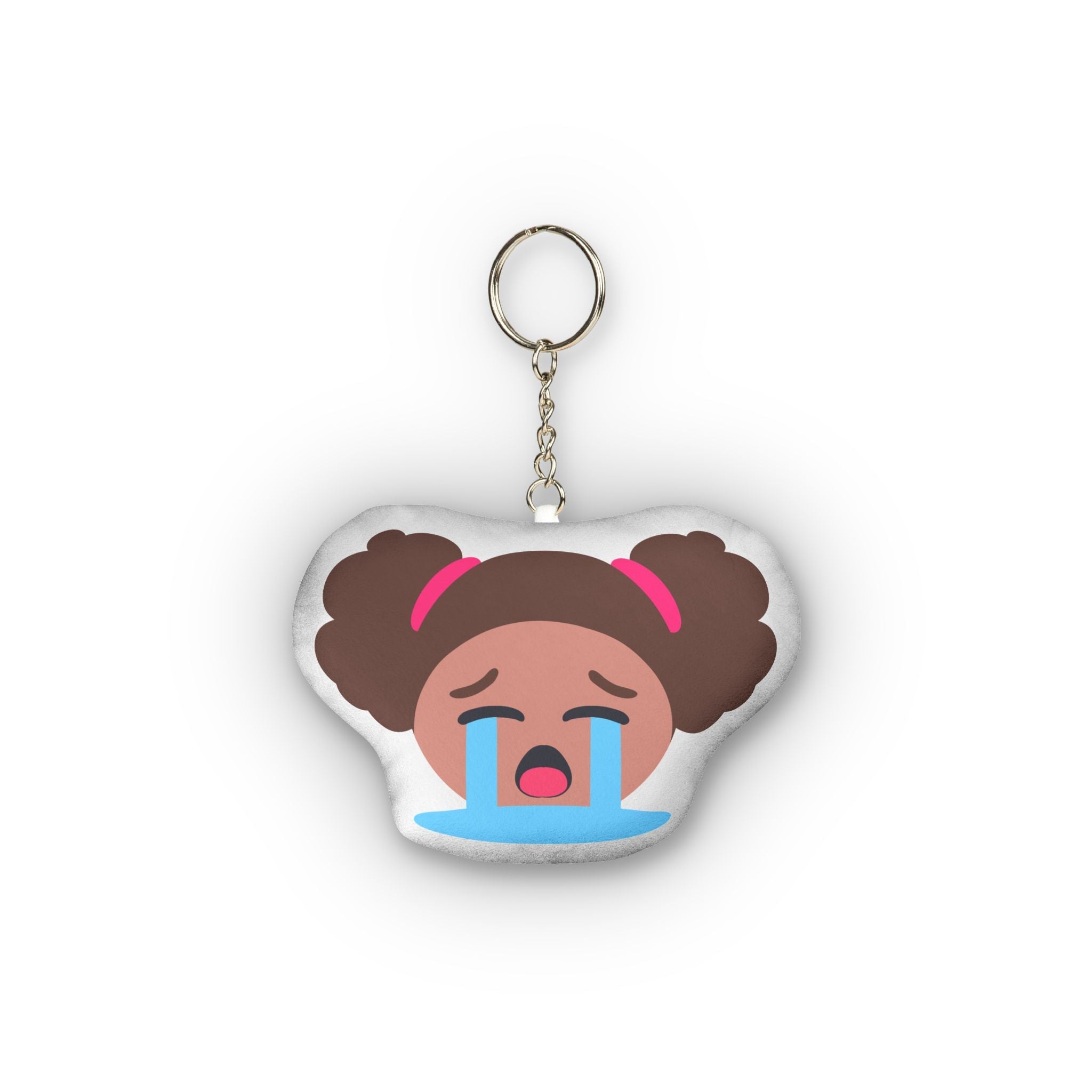 Adorable hentai-style plush keychain of dark-skinned anime girl with brown pigtails and pink hair ties, eyes squeezed shut in distress, massive blue tears streaming down her face, wide open mouth sobbing dramatically in exaggerated emotional chibi design.