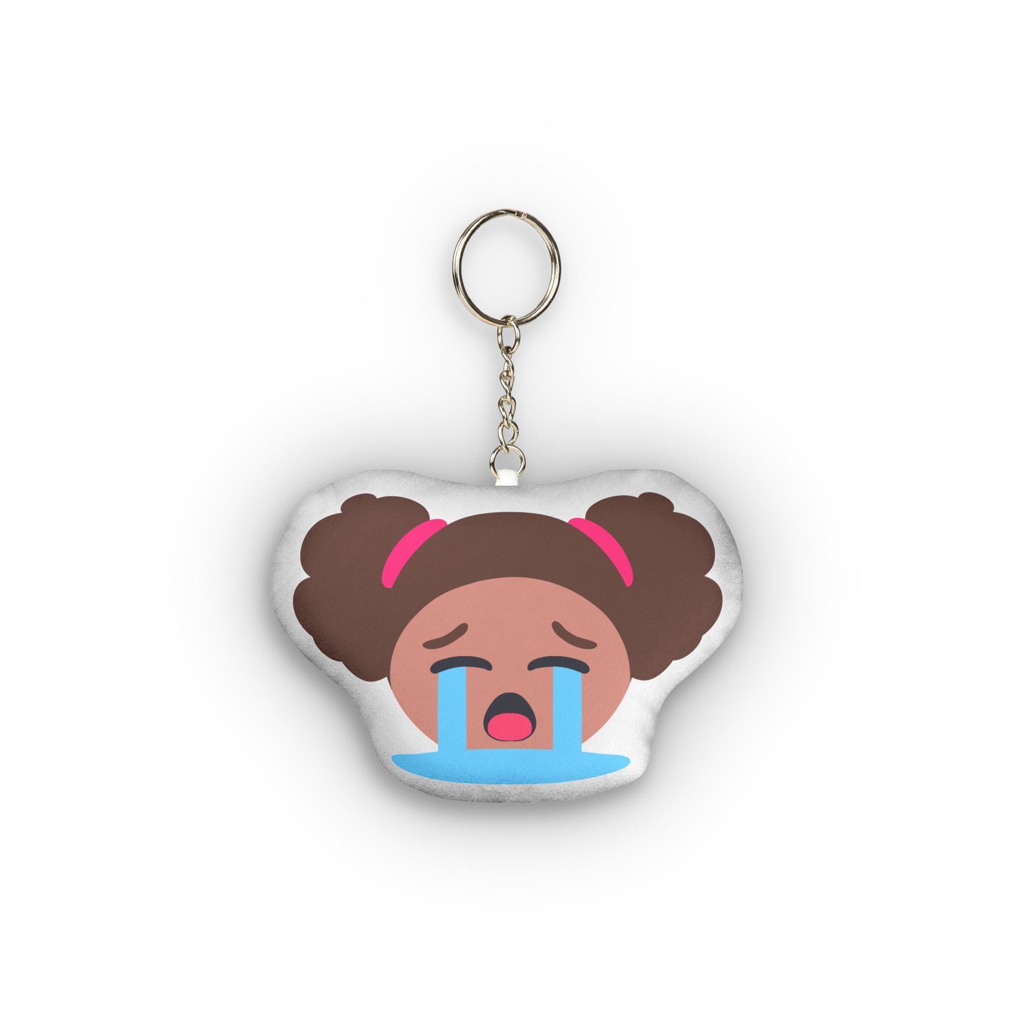 Adorable hentai-style plush keychain of dark-skinned anime girl with brown pigtails and pink hair ties, eyes squeezed shut in distress, massive blue tears streaming down her face, wide open mouth sobbing dramatically in exaggerated emotional chibi design.