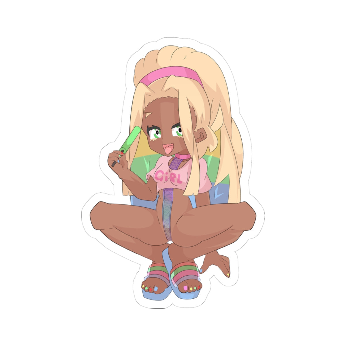 This glow-stick loving ebony cutie is squatting low with legs spread, blonde braids cascading, green eyes locked on you while she licks that neon stick like it's something way dirtier 😏💦 Pink "GIRL" crop top barely covering her perky tits, rainbow platforms making those thick thighs pop, tiny thong riding up her juicy ass... pure rave hentai slut ready to party all night long. Who's turning up the heat? 🍑✨
#ebonyhentai #darkskingirl #glowstick #thickthighs #squattease #ravehentai #nsfw #animeebony #henta
