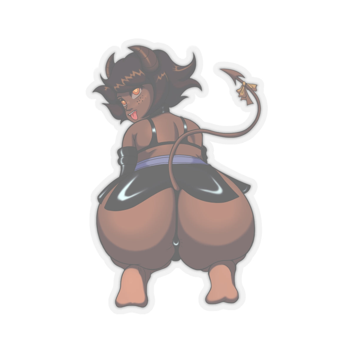 Seductive dark-skinned succubus demon girl with horns, tail, and glowing orange eyes sticking her tongue out teasingly while squatting to show off her enormous round ass, wearing skimpy black lingerie and presenting her tight pussy and puckered hole from behind.