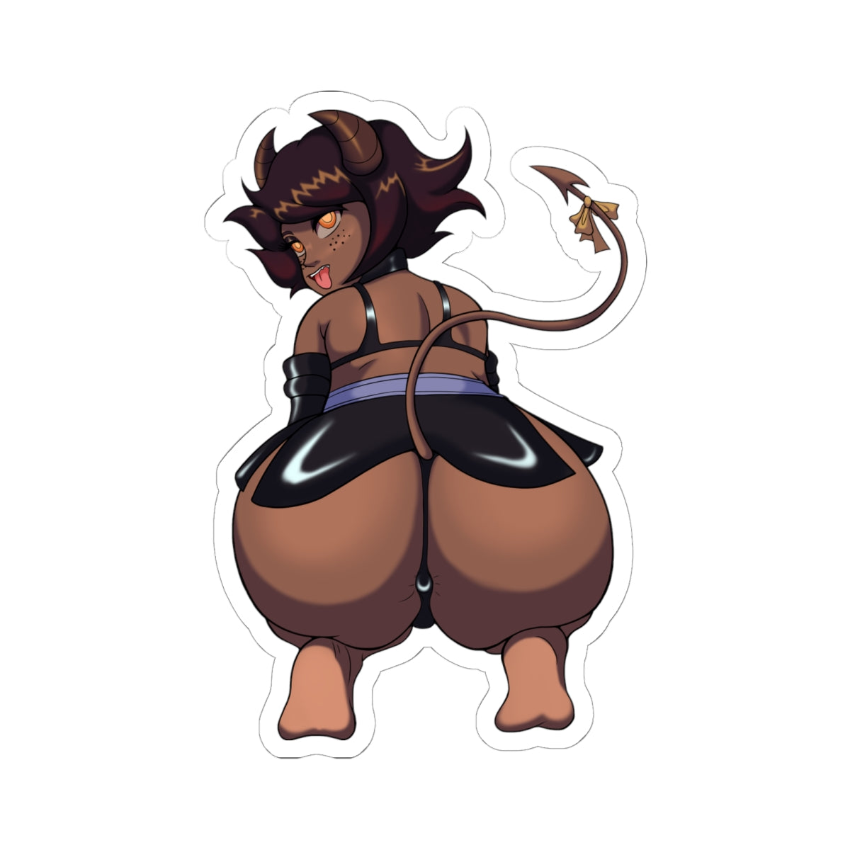 Seductive dark-skinned succubus demon girl with horns, tail, and glowing orange eyes sticking her tongue out teasingly while squatting to show off her enormous round ass, wearing skimpy black lingerie and presenting her tight pussy and puckered hole from behind.