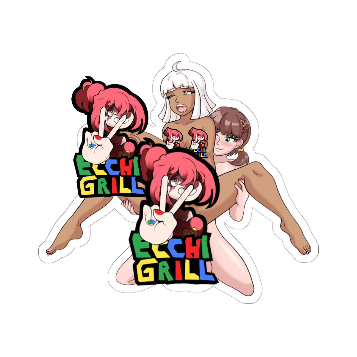 Fictional voluptuous ebony futanari with white hair and huge breasts, legs spread in piledriver position, getting her ass deeply penetrated by a petite futanari with brown ponytails and massive cock, both with throbbing dicks, explicit hentai sticker style showing intense anal fuck and ecstatic faces.